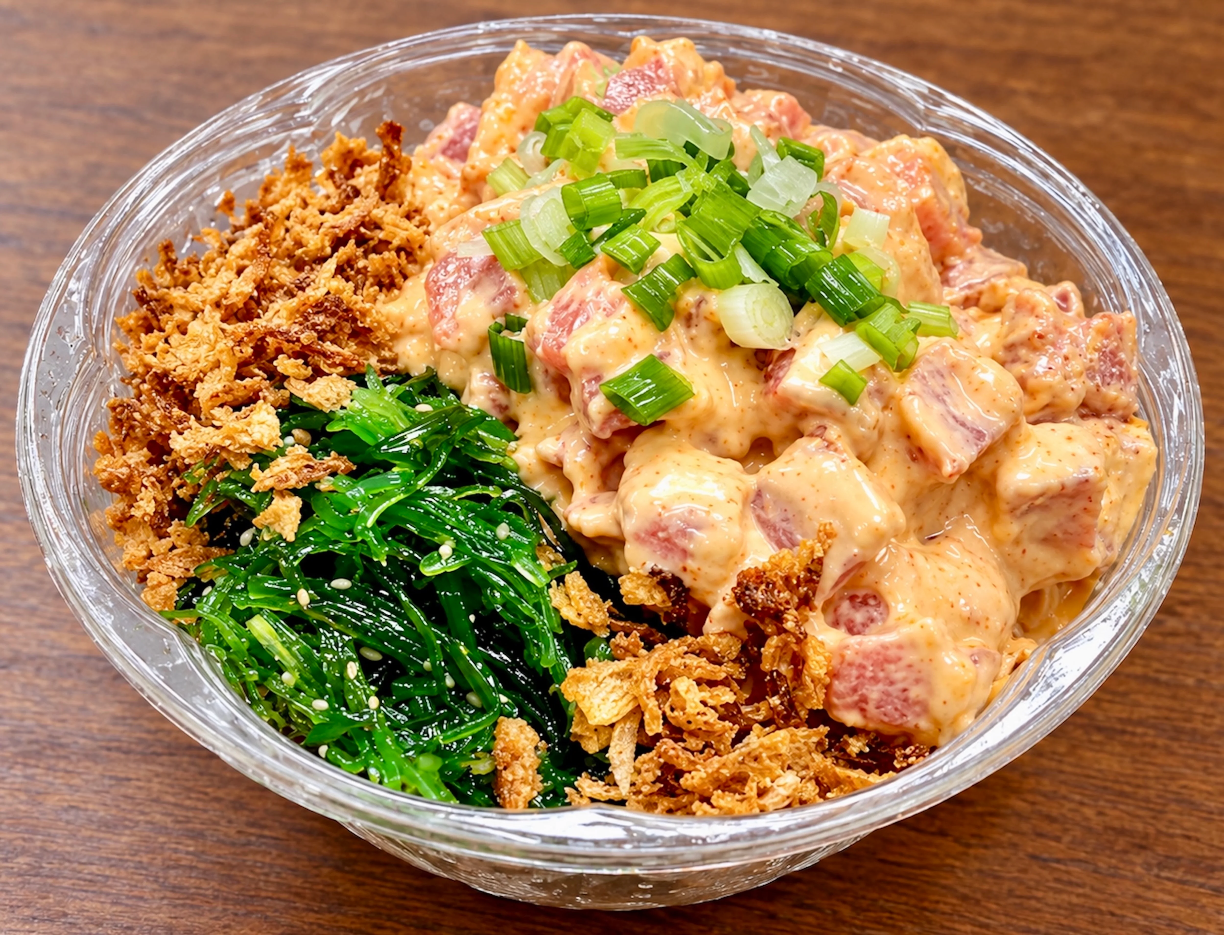 Hawaiian poke bowl with seaweed and crispy onions