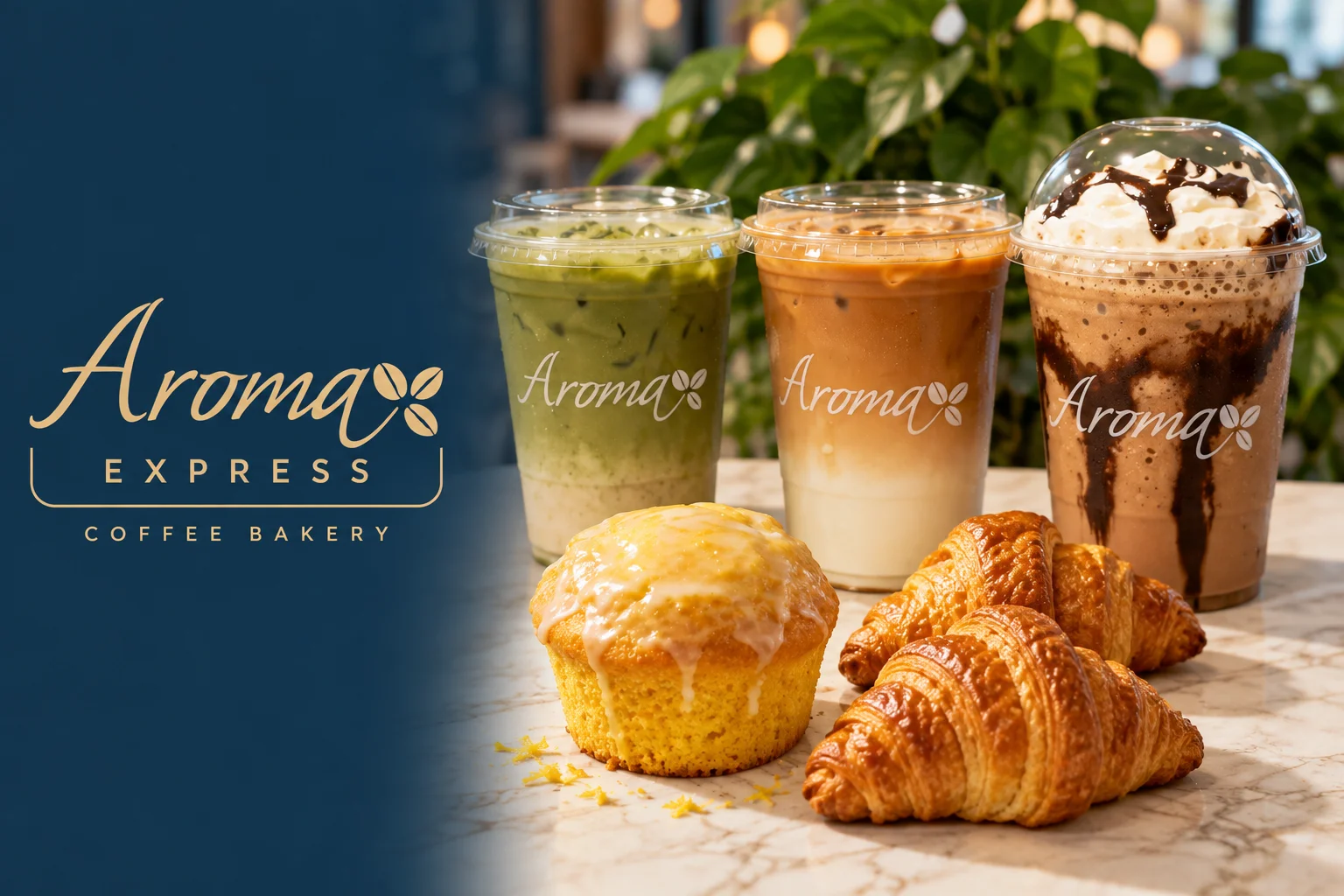 Assorted coffee beverages and pastries at a coffee bakery