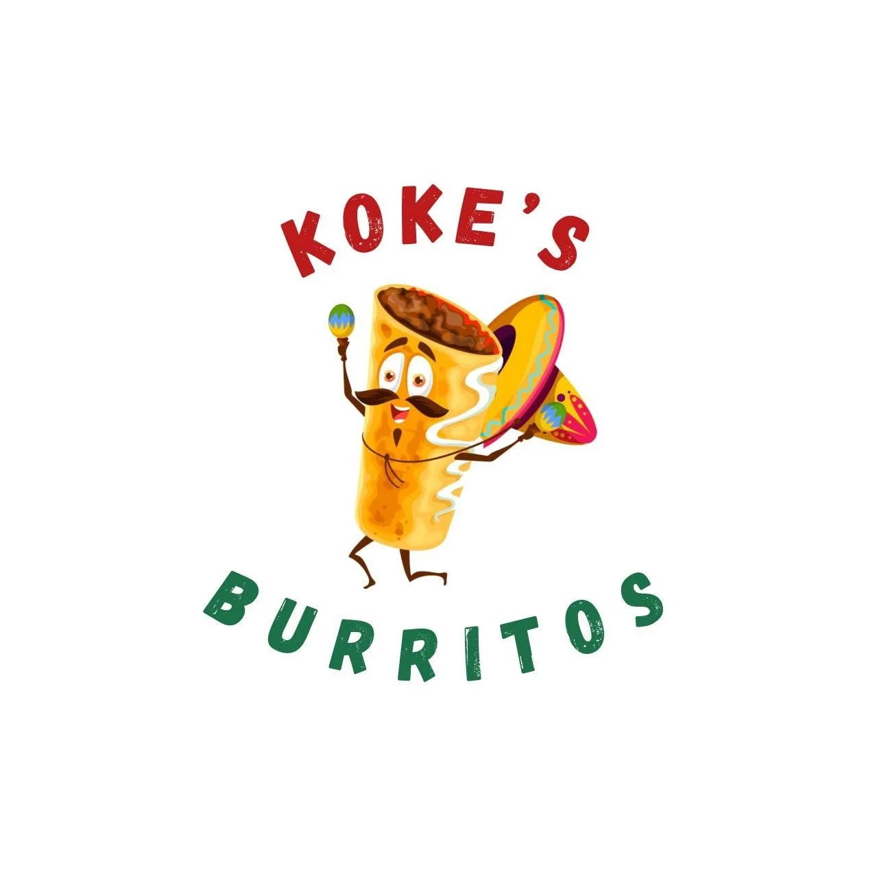Playful cartoon burrito character for Koke's Burritos
