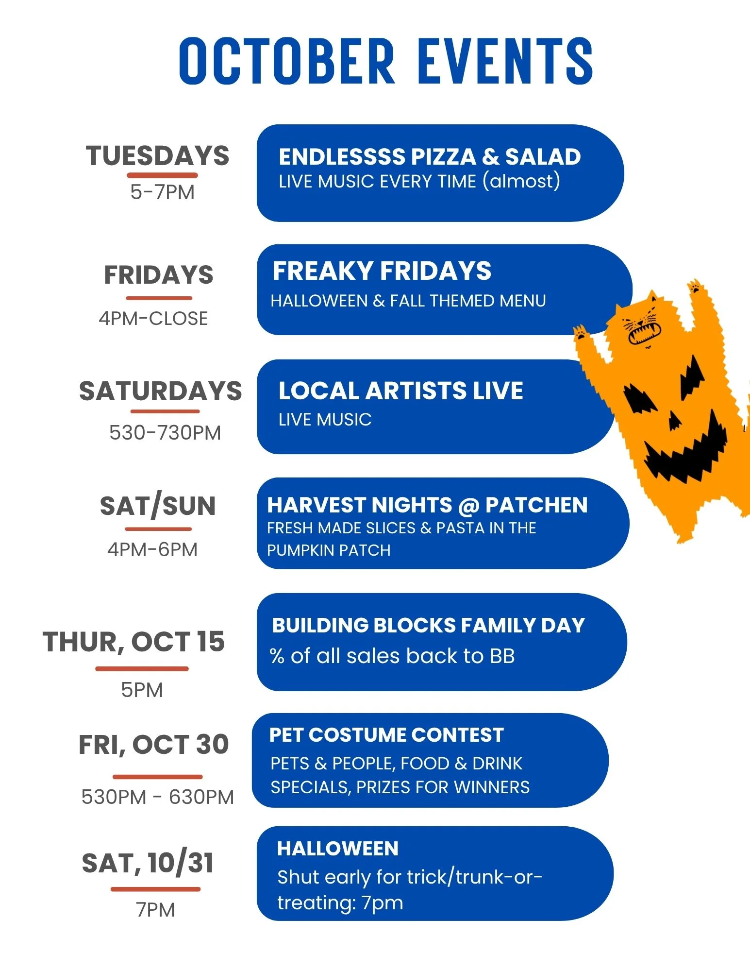October restaurant events schedule with Halloween-themed programming