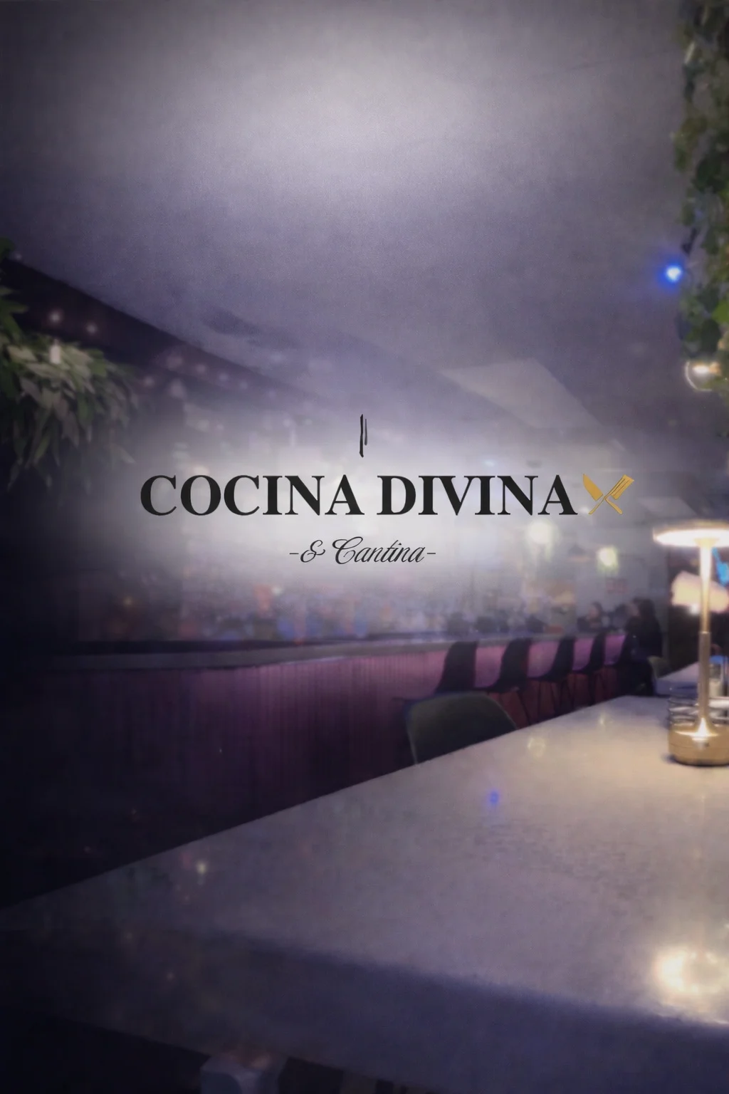 A dimly lit restaurant interior featuring a bar area with seating and decorative plants. The name 'Cocina Divina' is prominently displayed.