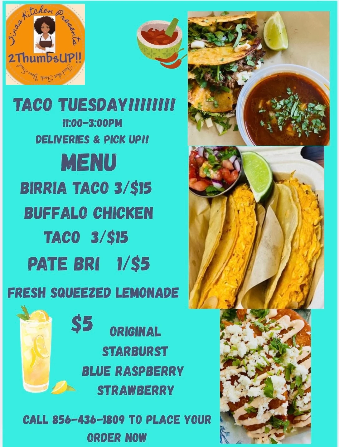 A vibrant menu graphic for Taco Tuesday with images of tacos, fresh lemonade, and pricing details for various menu items.