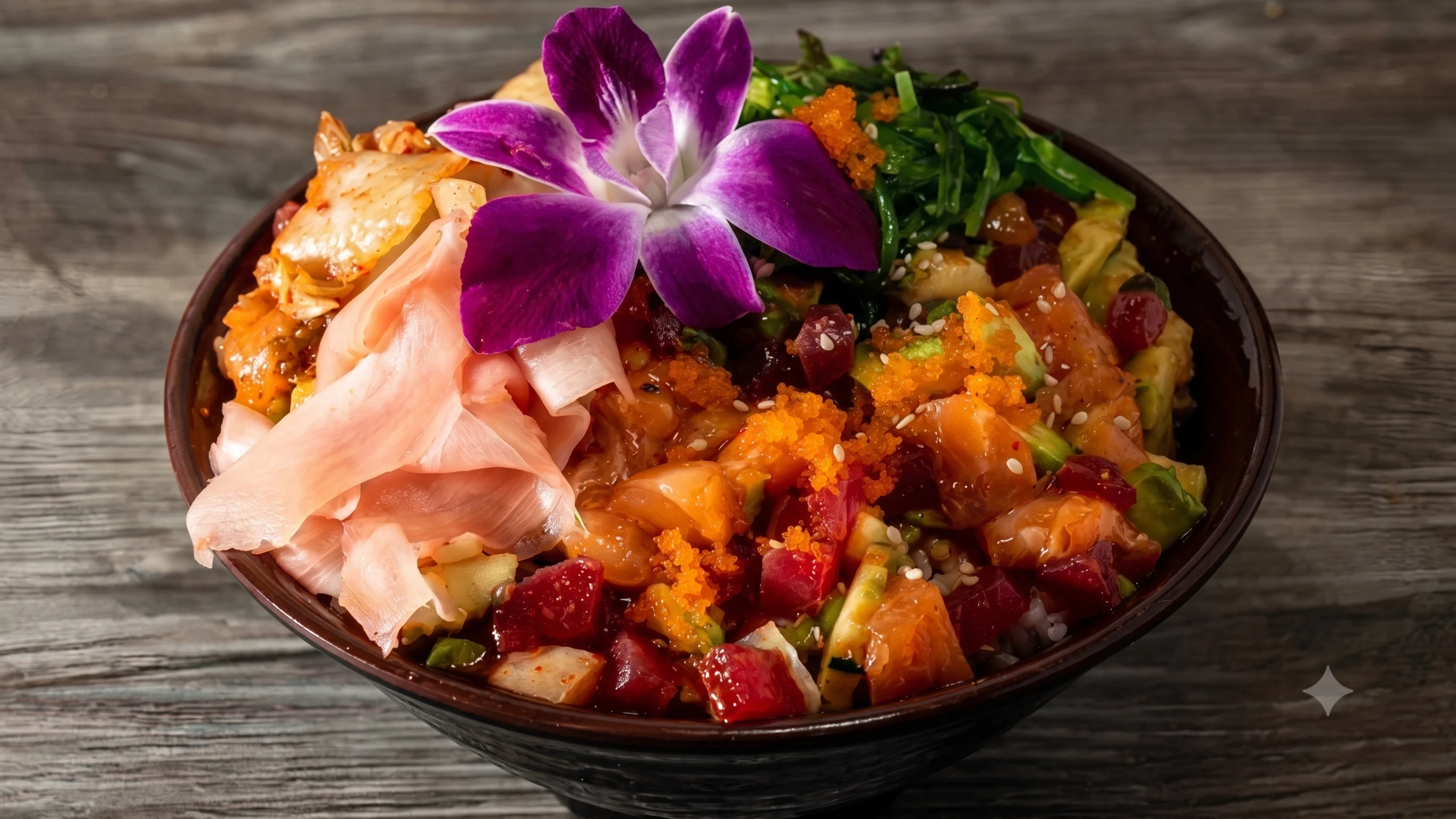 Colorful Hawaiian poke bowl with fresh seafood and toppings