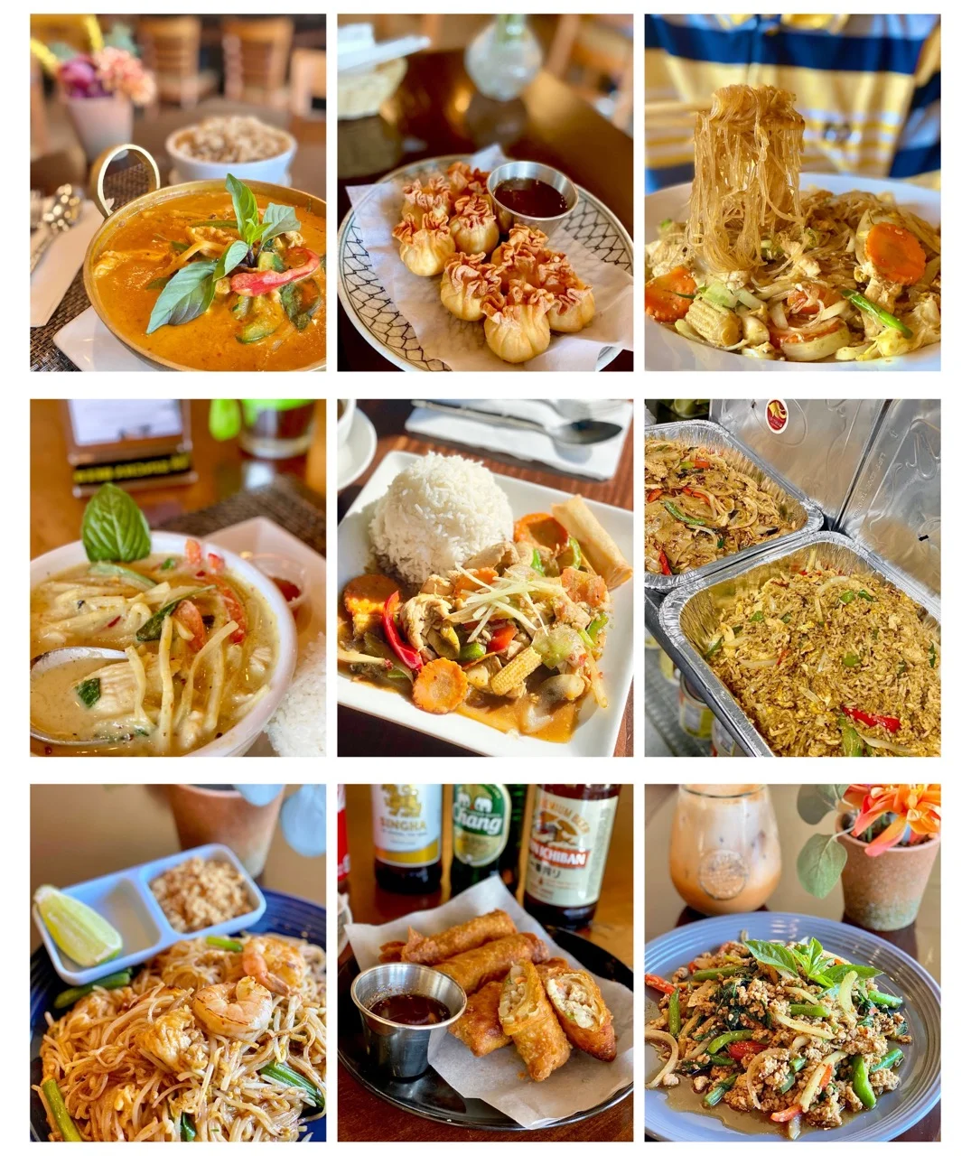 Assorted Thai dishes including pad thai and curry