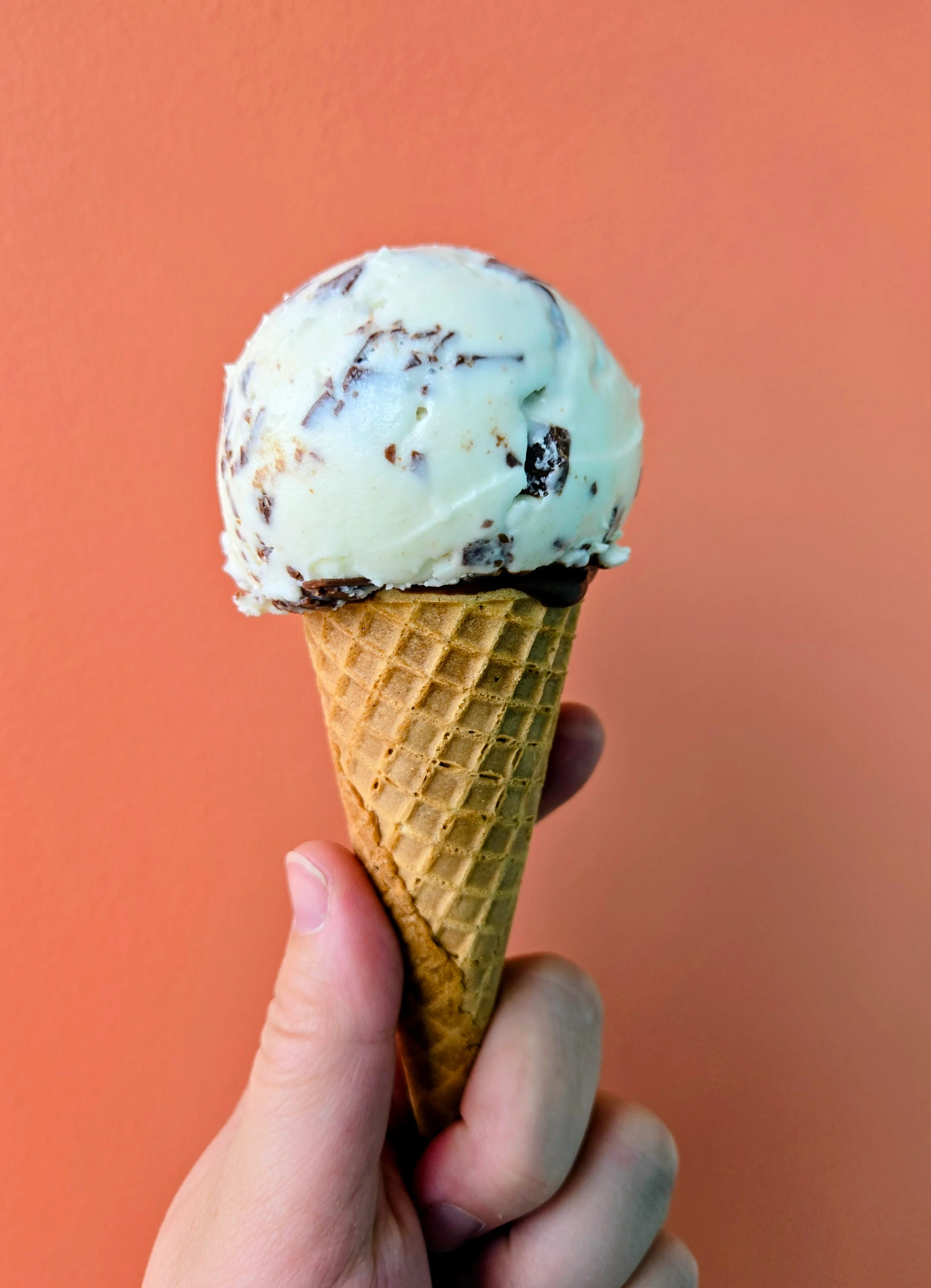 Scoop of mint chocolate chip ice cream in a waffle cone