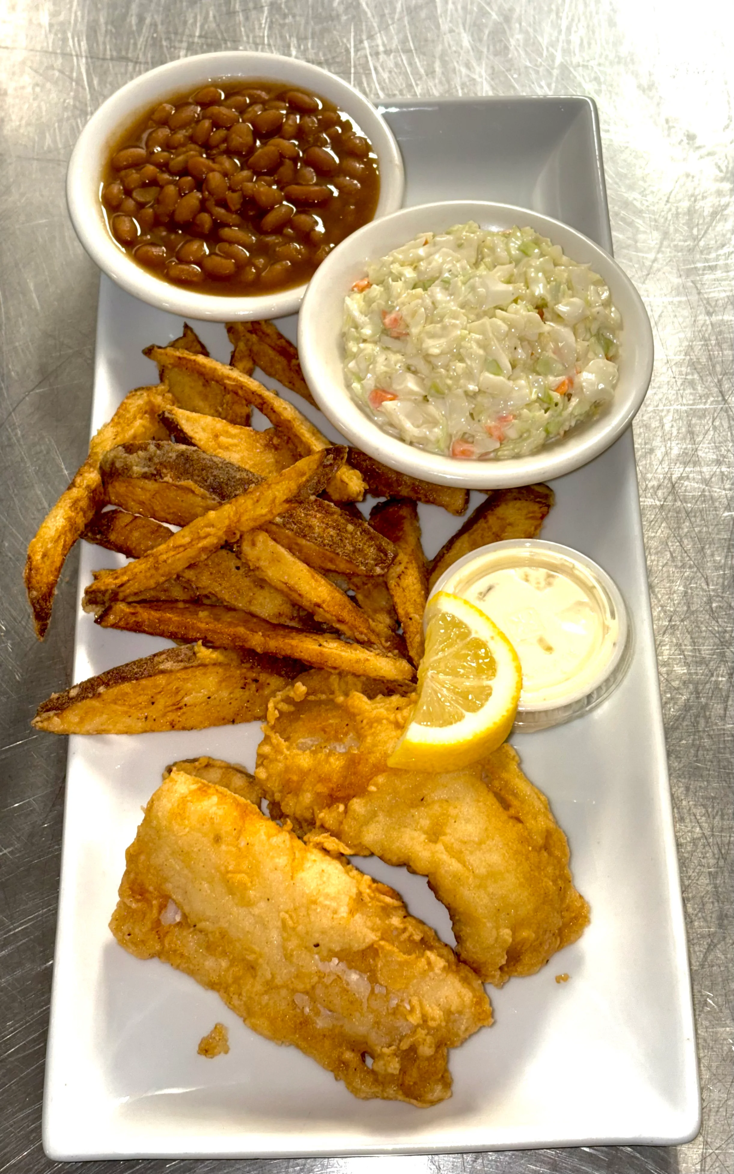 Southern fried fish platter with sides