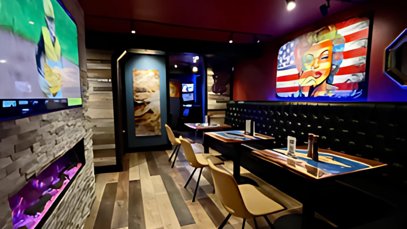 Interior view of a modern restaurant with stylish decor and seating.
