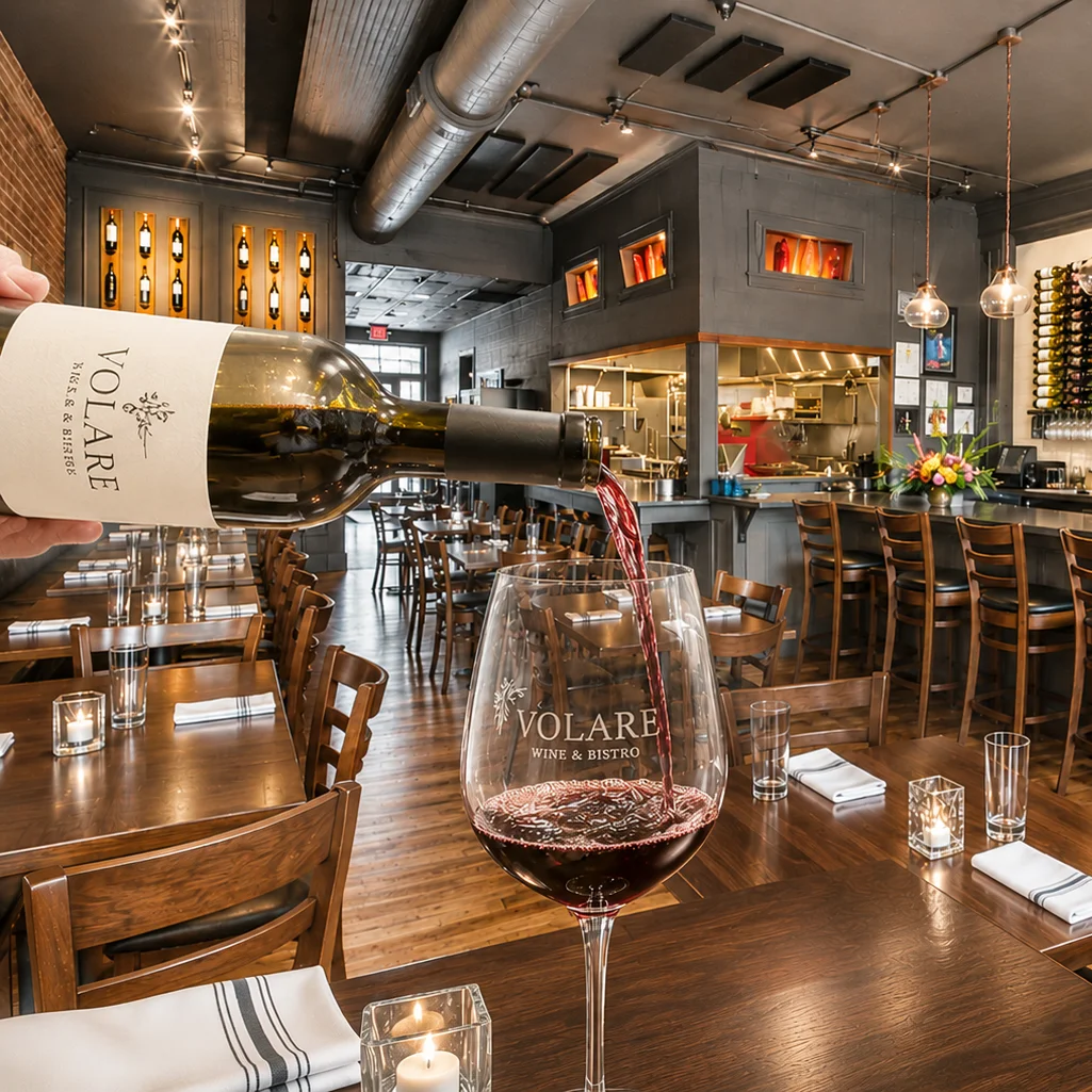Elegant restaurant interior with wine pouring into a glass