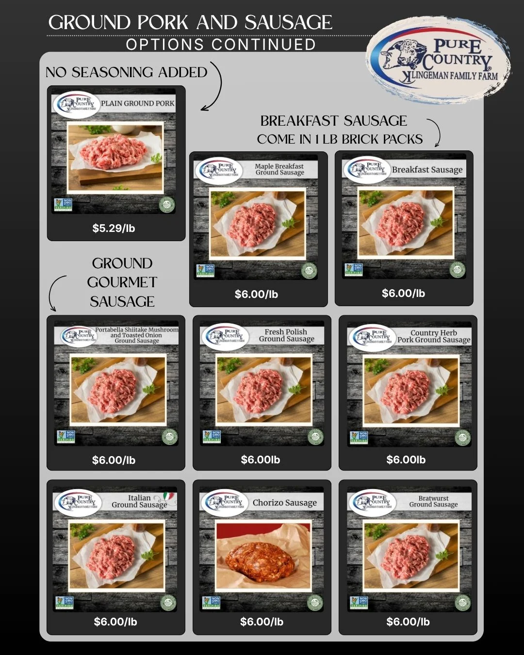 Ground pork and sausage product menu with raw meat options