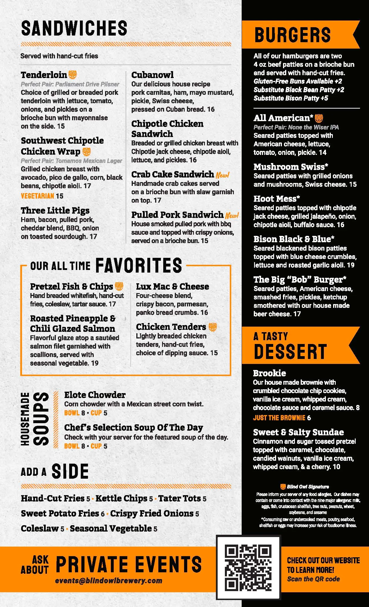Menu featuring a variety of sandwiches, burgers, and desserts