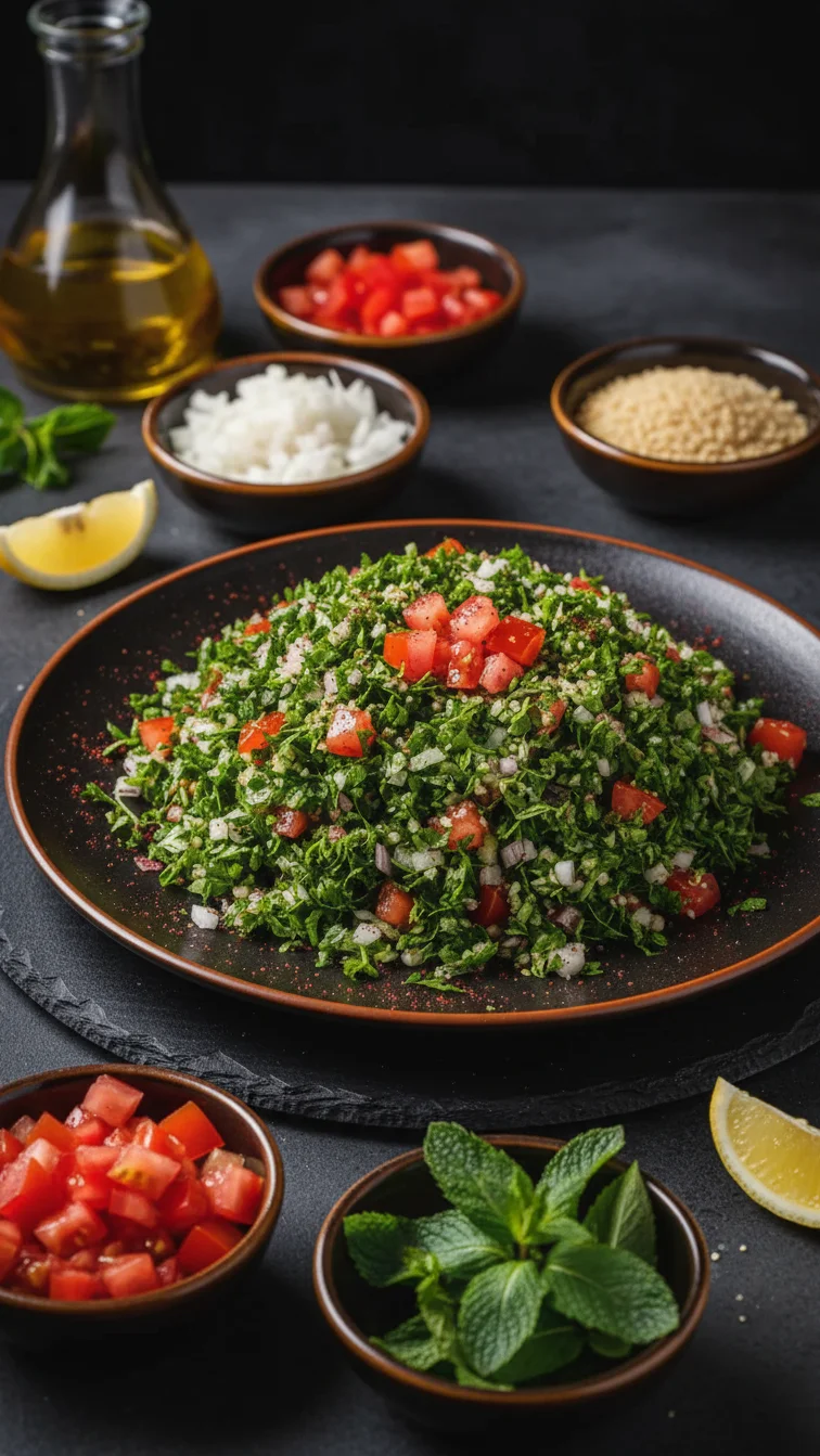 Fresh tabbouleh salad with parsley and tomatoes