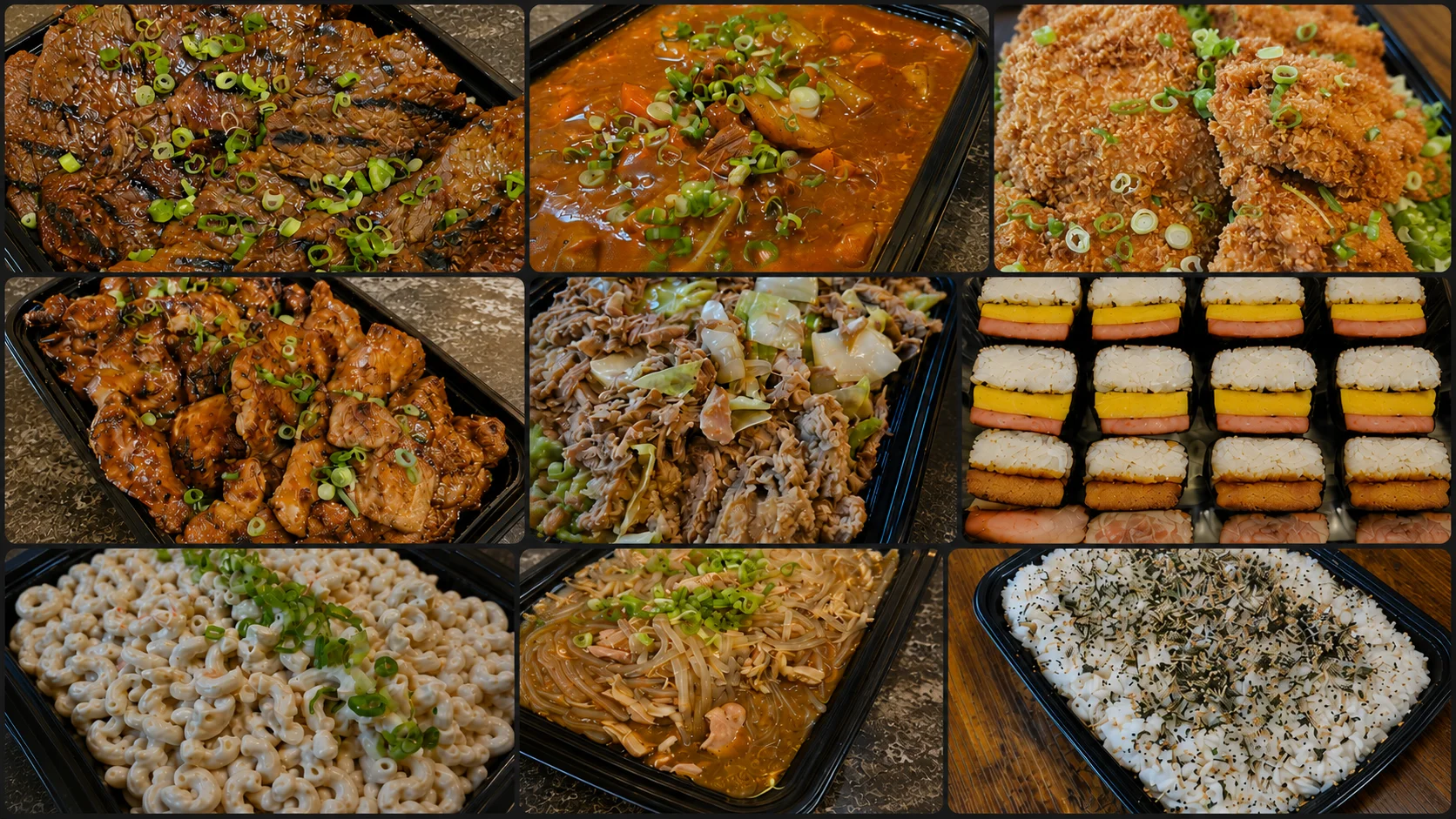 Assorted Asian dishes including teriyaki chicken and sushi rolls