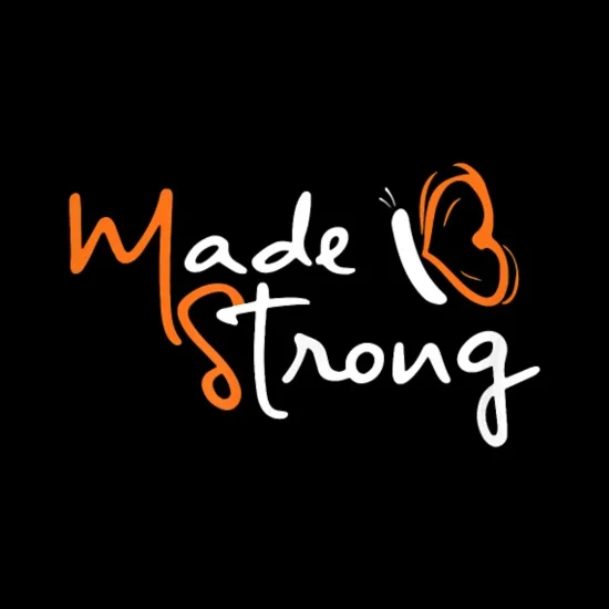 Logo design featuring the phrase 'Made Strong' with a butterfly motif