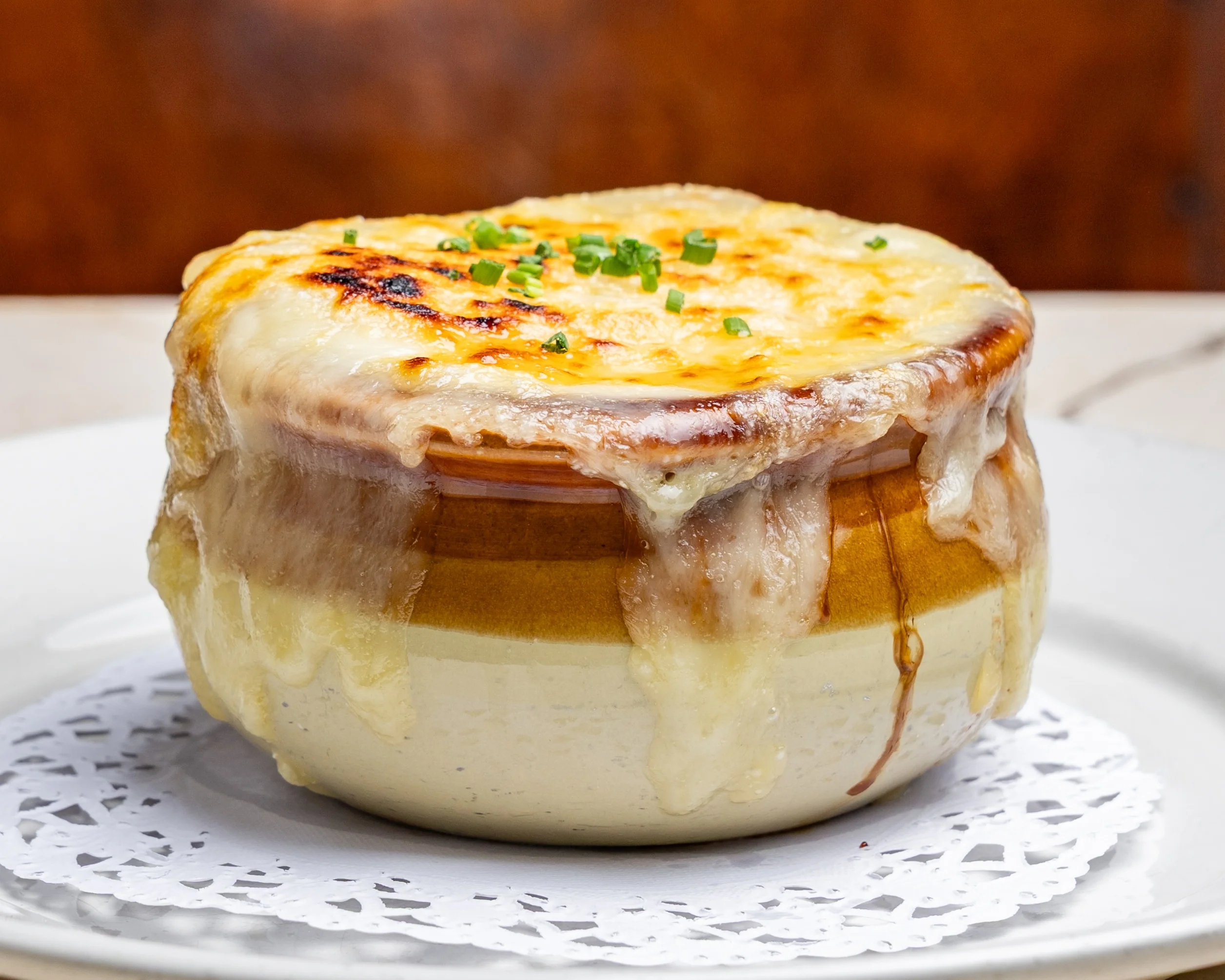 Classic French onion soup with melted cheese