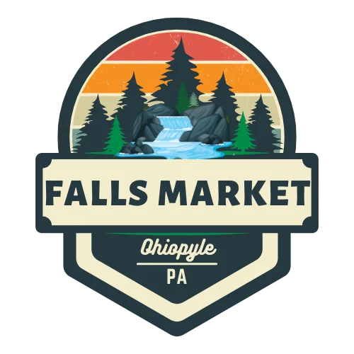 Logo of Falls Market in Ohiopyle, PA featuring nature and a waterfall design