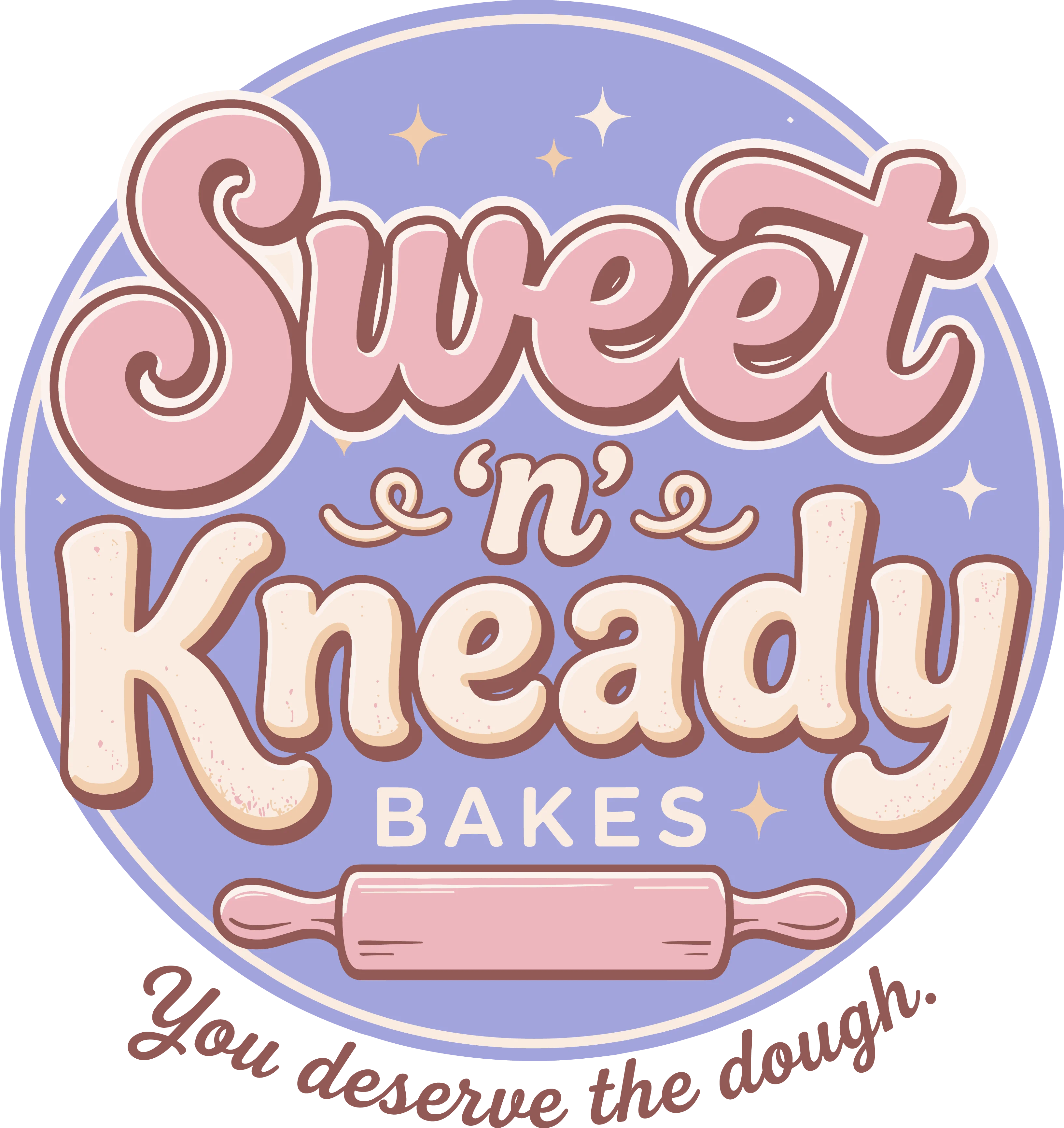 Logo of Sweet 'n' Kneady Bakes featuring playful typography and a rolling pin.