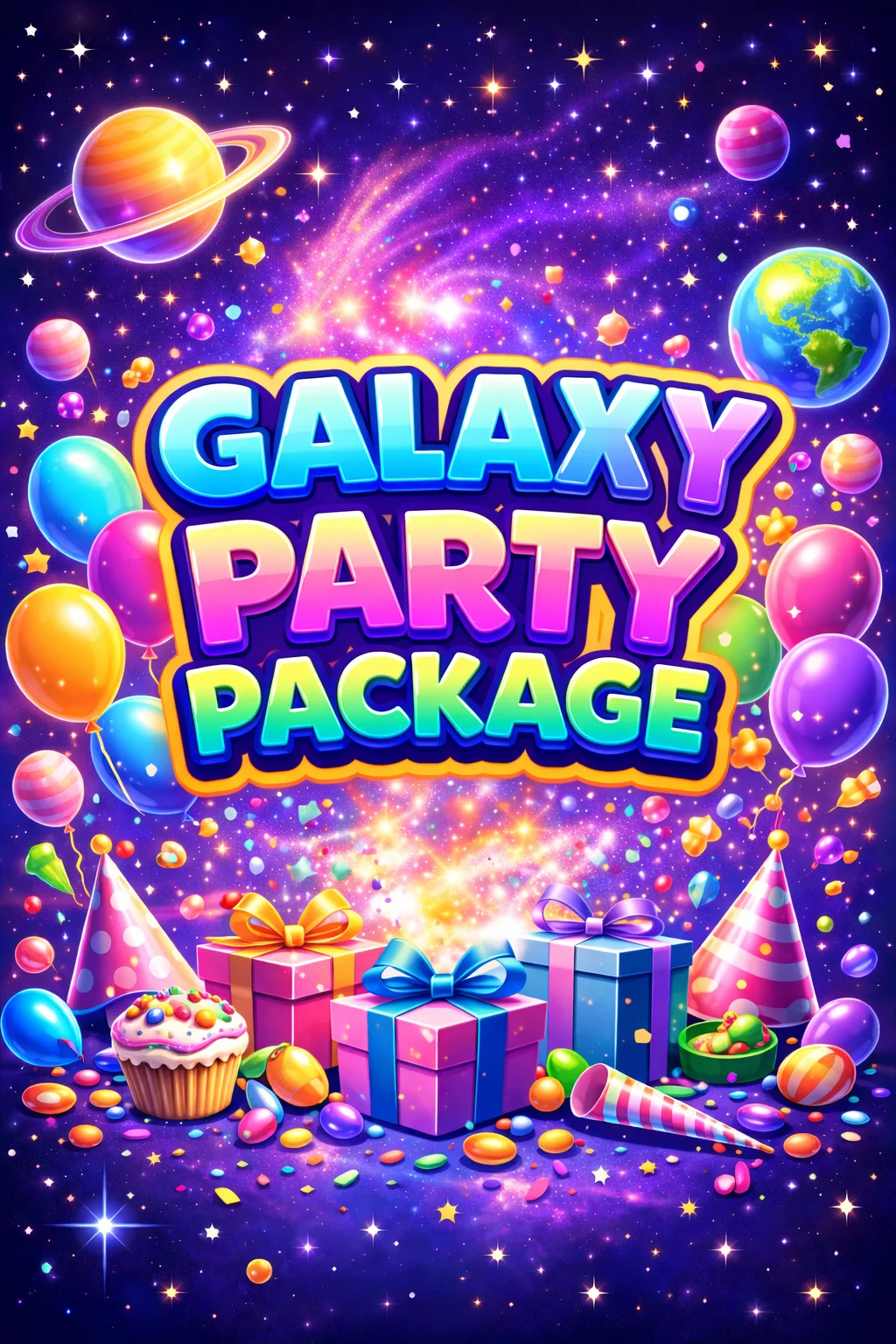 Colorful galaxy-themed party package with balloons and gifts