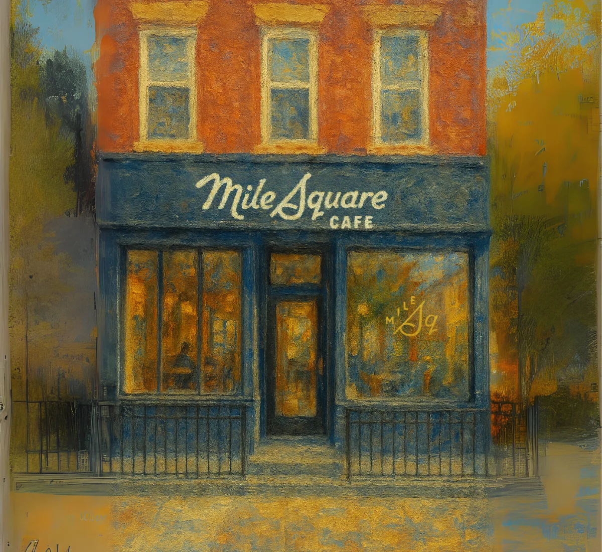 Charming cafe exterior with warm lighting and inviting atmosphere