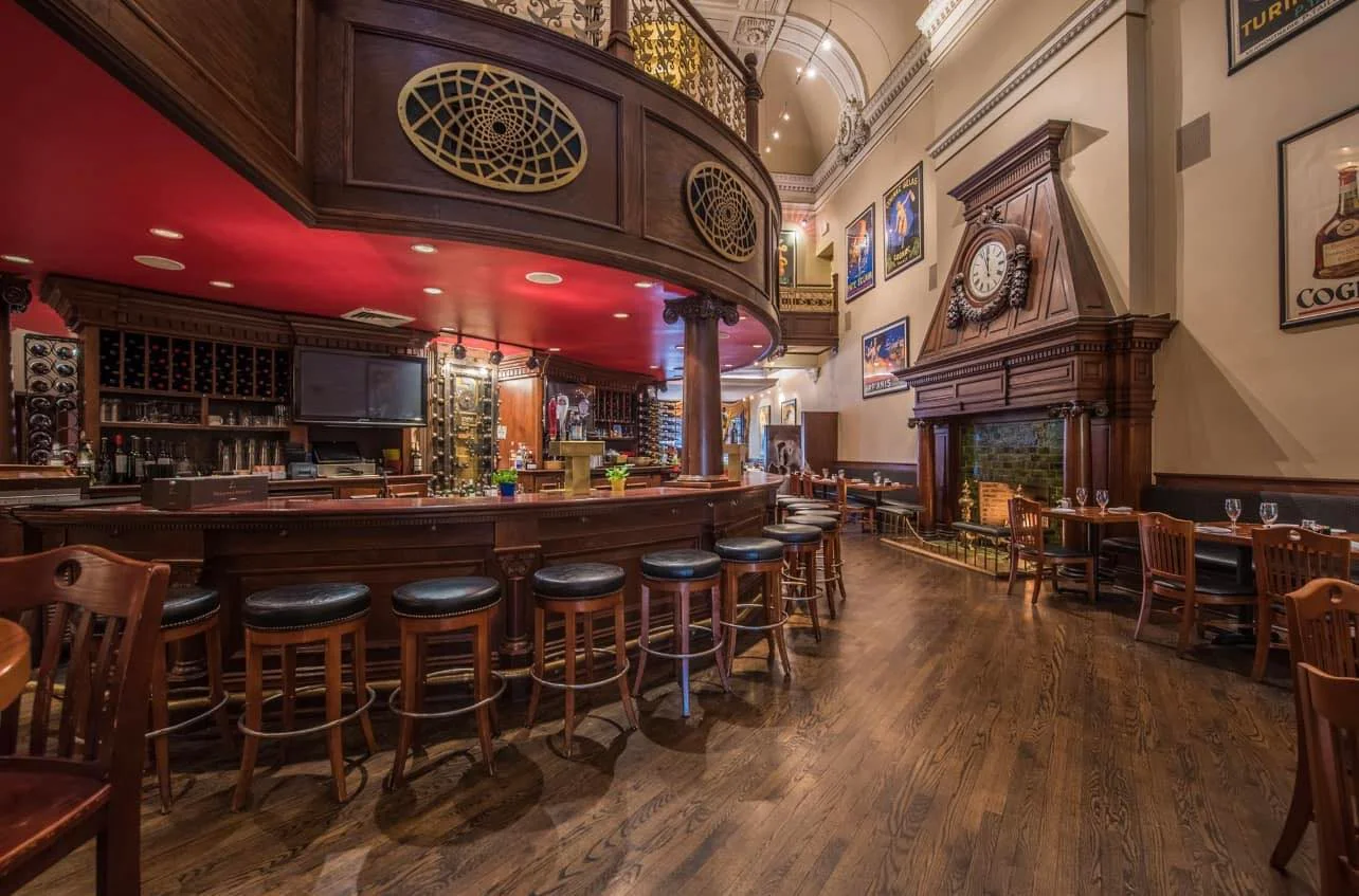 Elegant restaurant interior with a bar and vintage decor