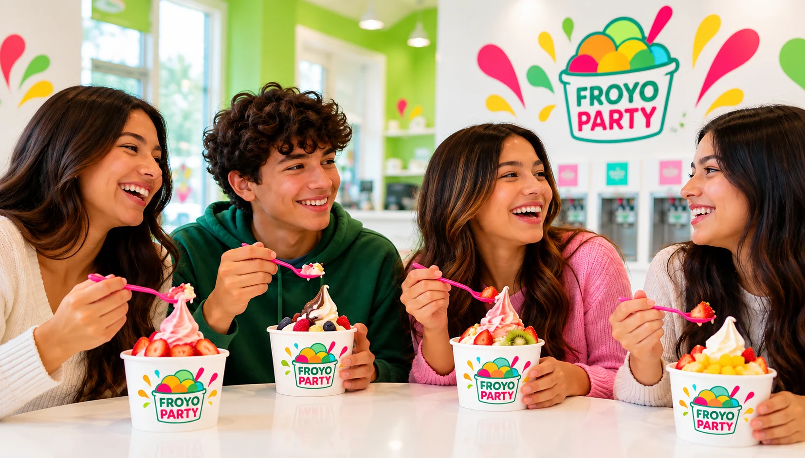 Friends enjoying colorful frozen yogurt cups in a bright shop
