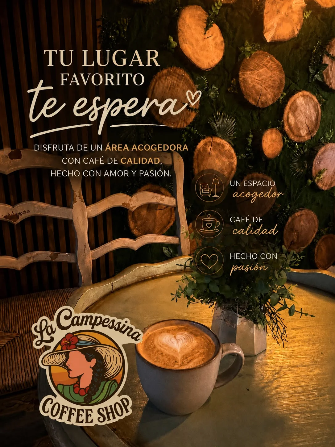 A cozy coffee shop with warm decor, showcasing a cup of coffee on a wooden table. The backdrop features wooden circles and greenery, creating a welcoming atmosphere.