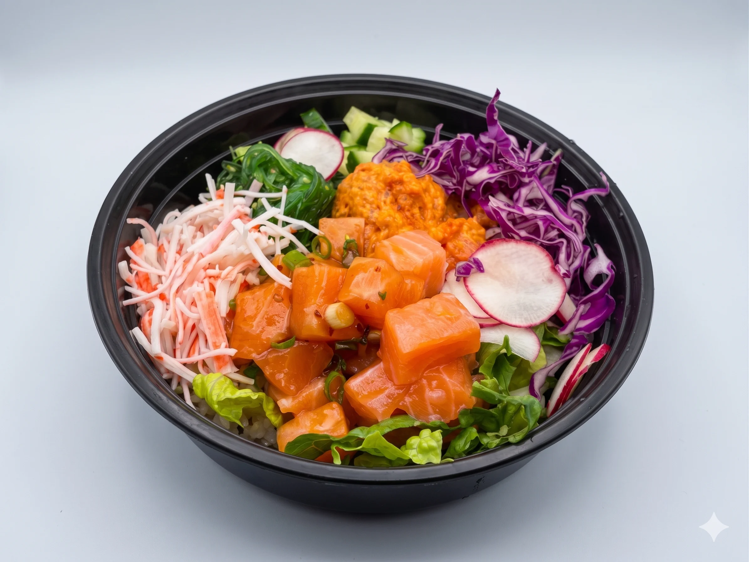 Colorful poke bowl with salmon, vegetables, and rice.