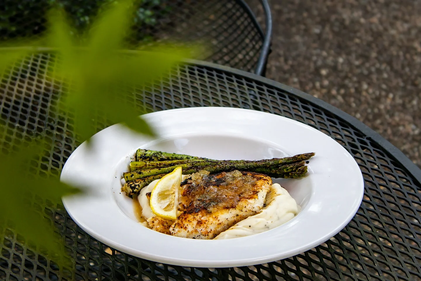 Pan-seared fish with mashed potatoes and grilled asparagus