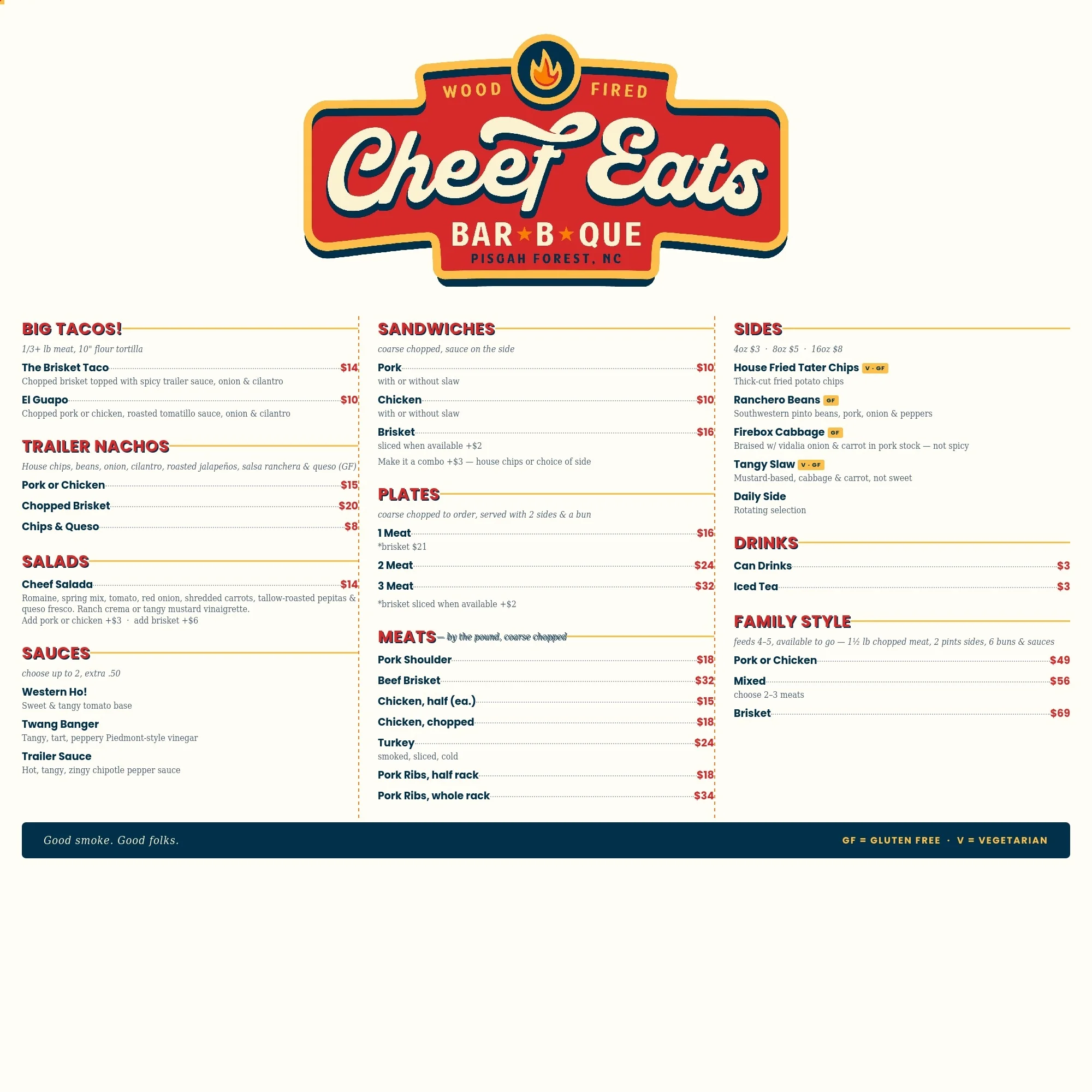 Menu for a wood-fired barbecue restaurant featuring tacos and sandwiches