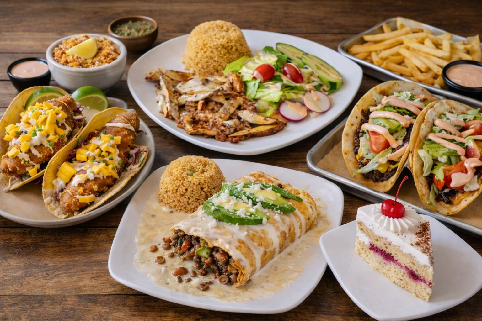 A spread of Fiesta Mexican Restaurant tacos, fajitas, rice, and dessert