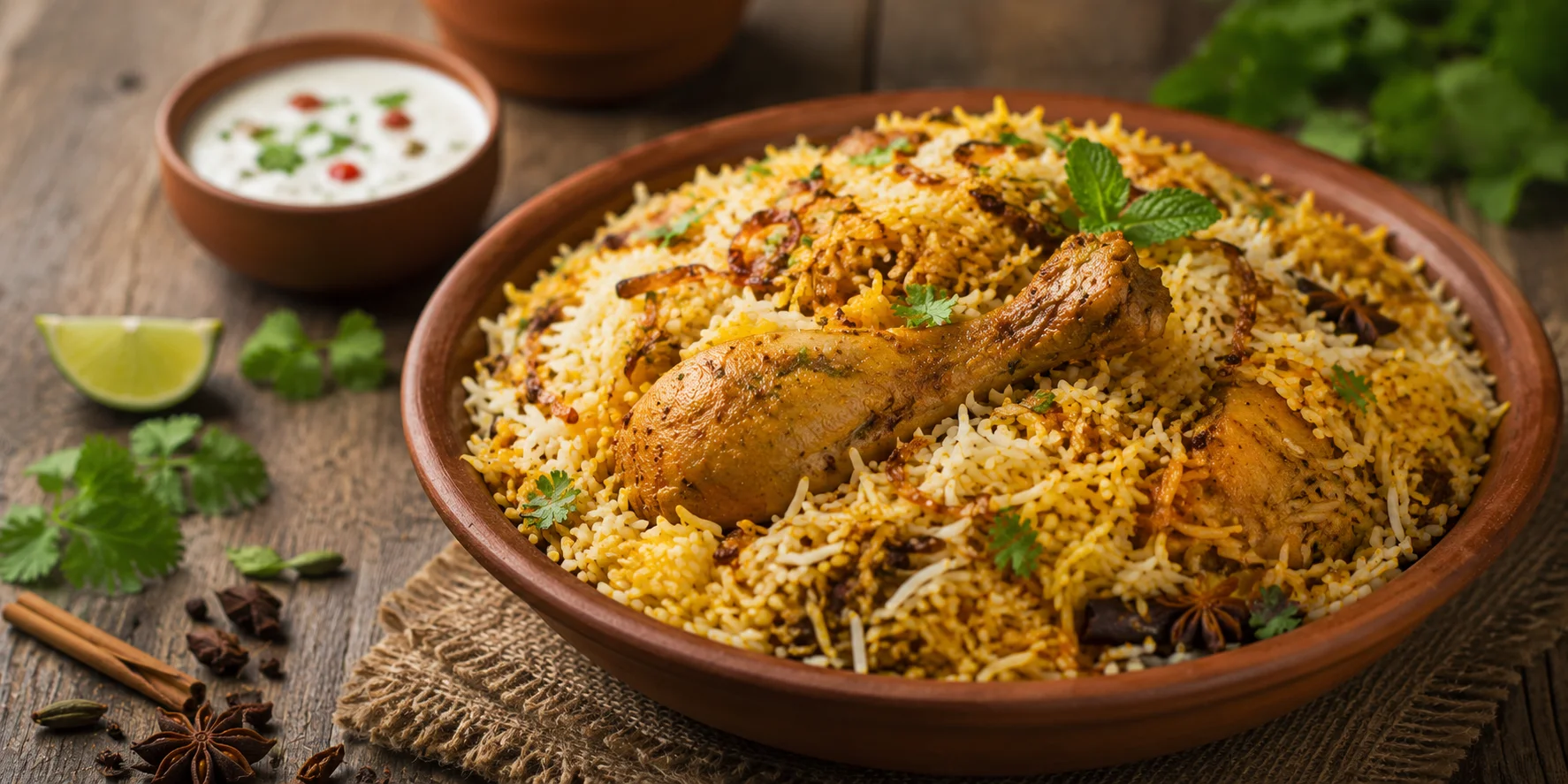 Authentic Indian chicken biryani served in a traditional clay pot