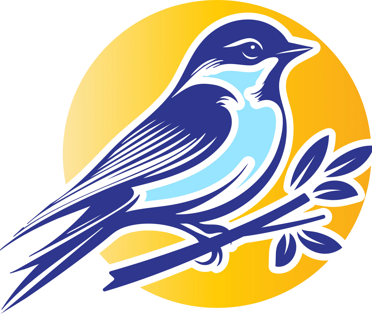 A colorful logo featuring a blue bird perched on a branch with a yellow circular background, representing a pizzeria.