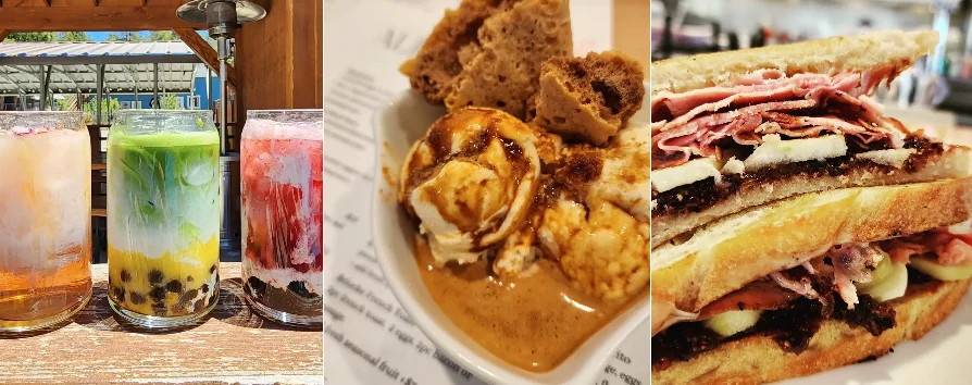 Colorful bubble tea drinks and dessert platter