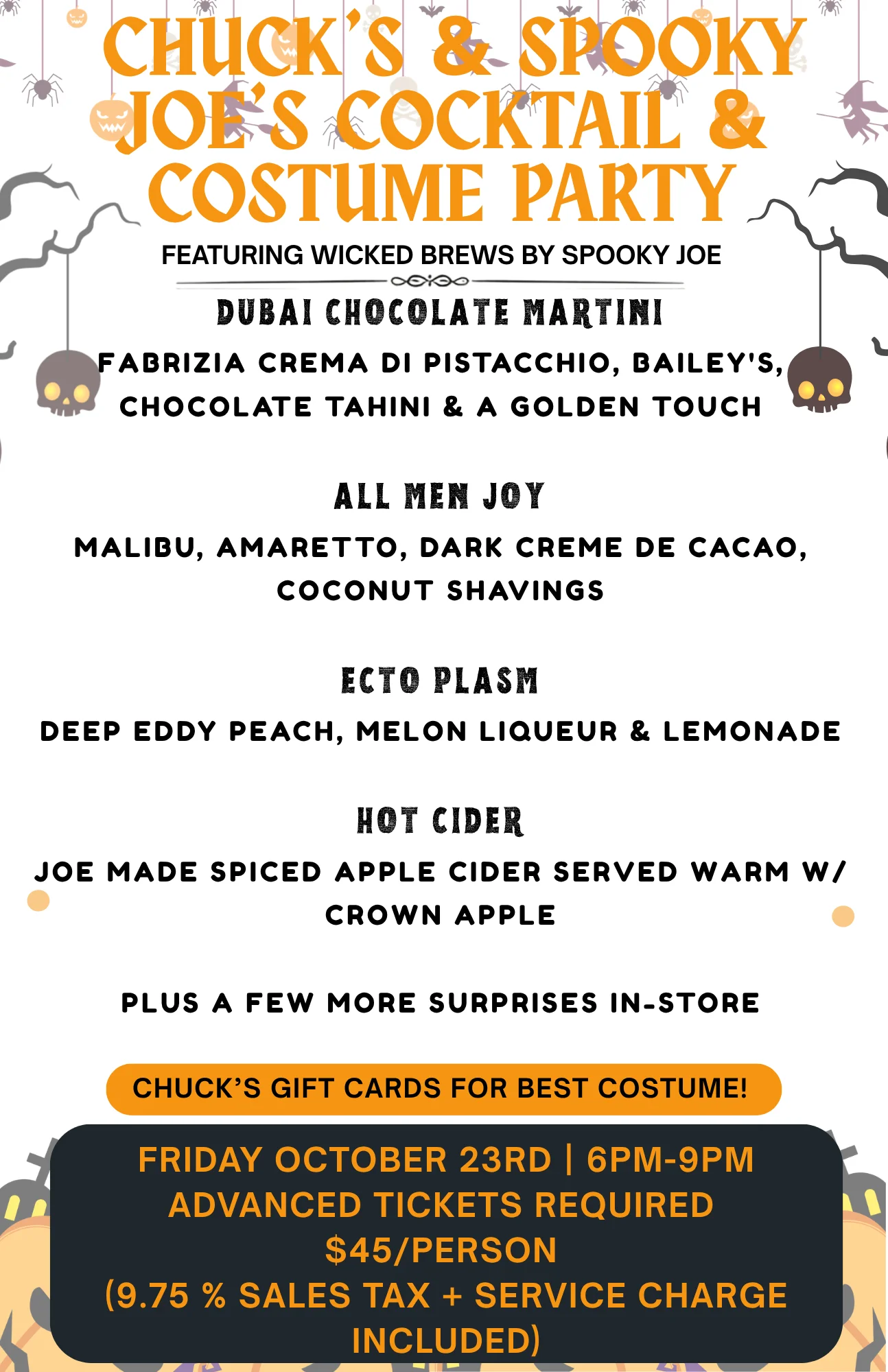 Halloween cocktail and costume party event poster with themed drink menu