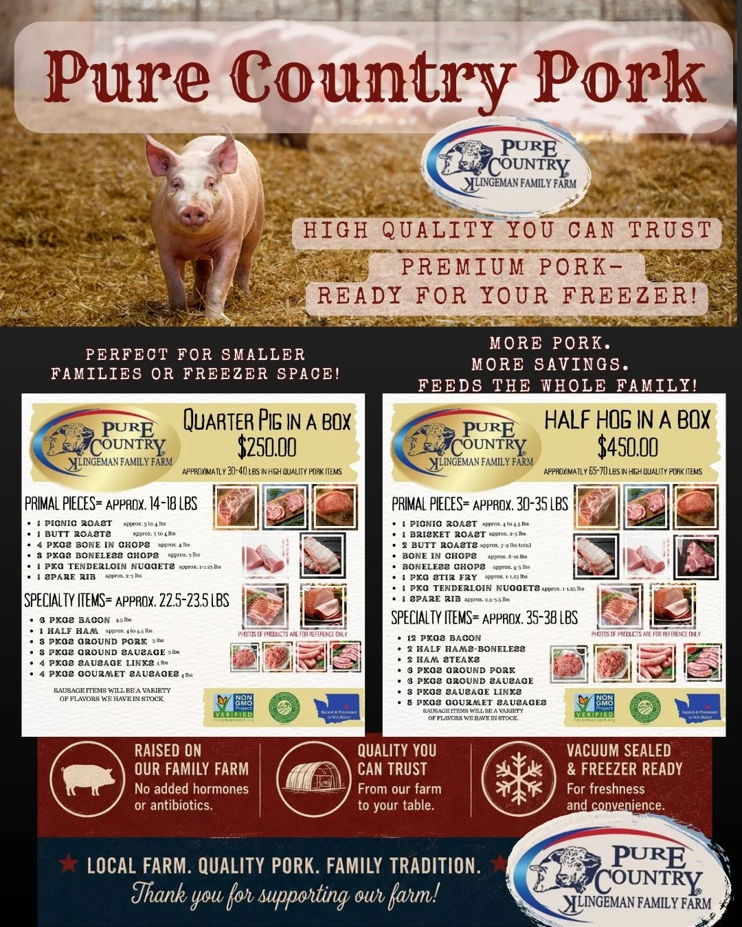 Pure Country Pork farm flyer featuring a pig and freezer-ready pork packages