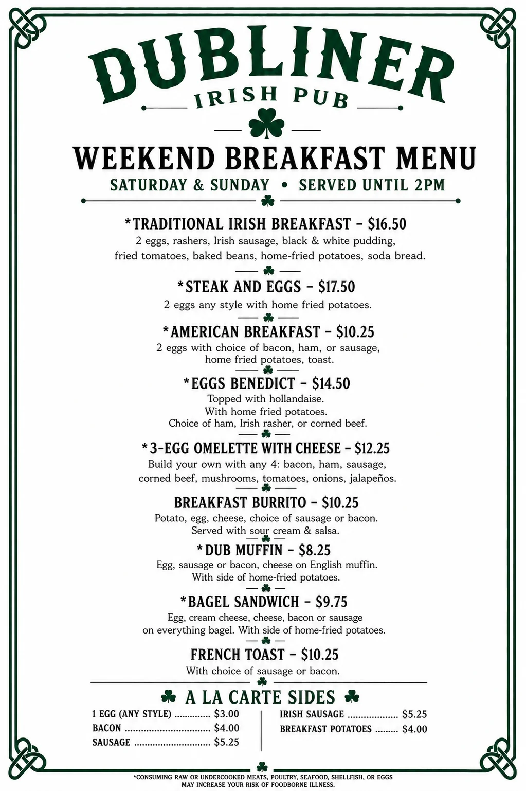 Irish breakfast menu featuring traditional dishes and prices