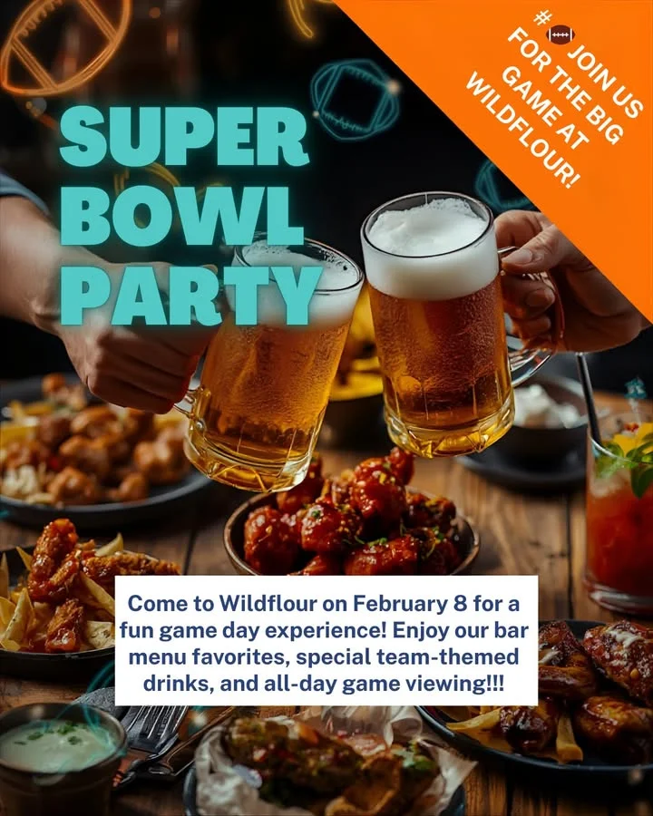 A vibrant Super Bowl party invitation featuring clinking beer mugs and a variety of foods including wings and appetizers on a wooden table.