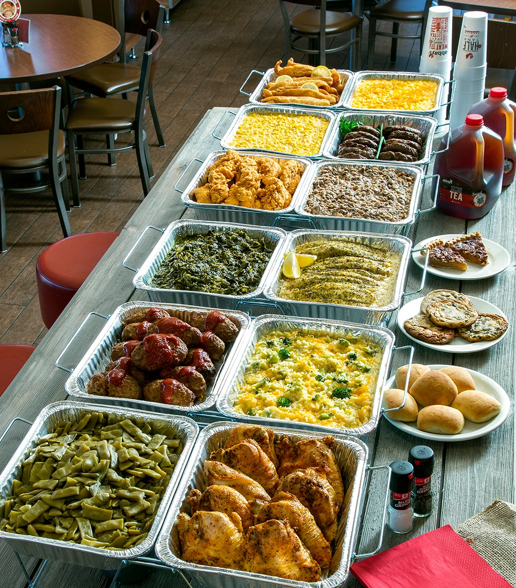 Southern-style buffet with fried chicken and sides