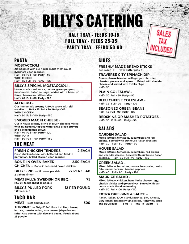 Catering menu featuring Italian pasta and sides