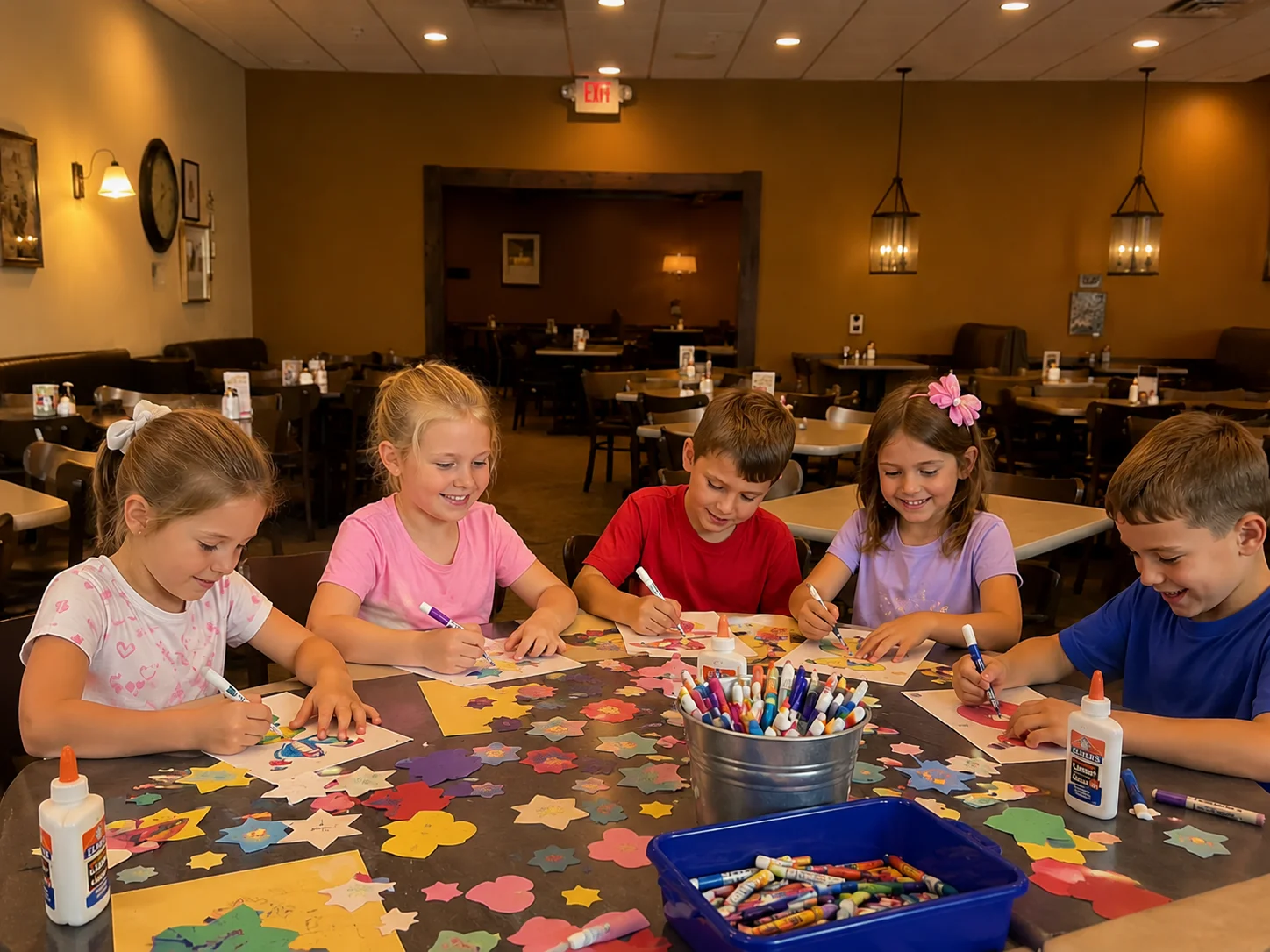 Children engaged in creative art activities at a restaurant