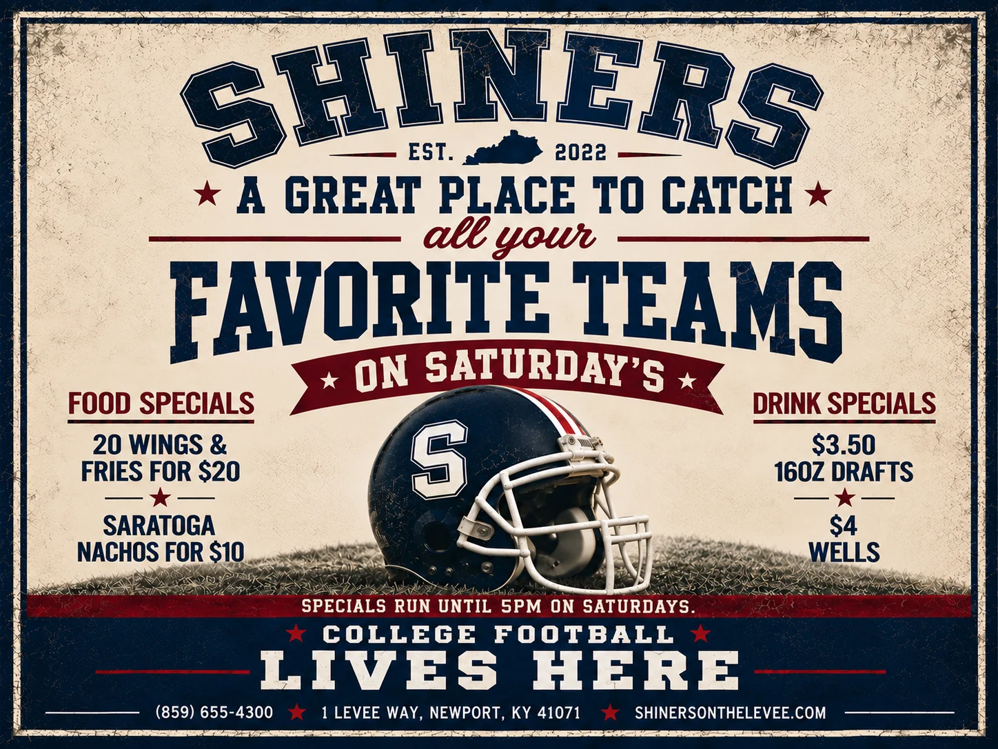 Promotional poster for college football specials at Shiners restaurant