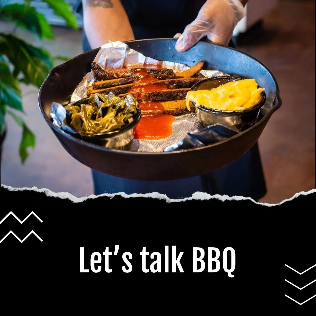 A plate of delicious BBQ with a call to action to talk BBQ