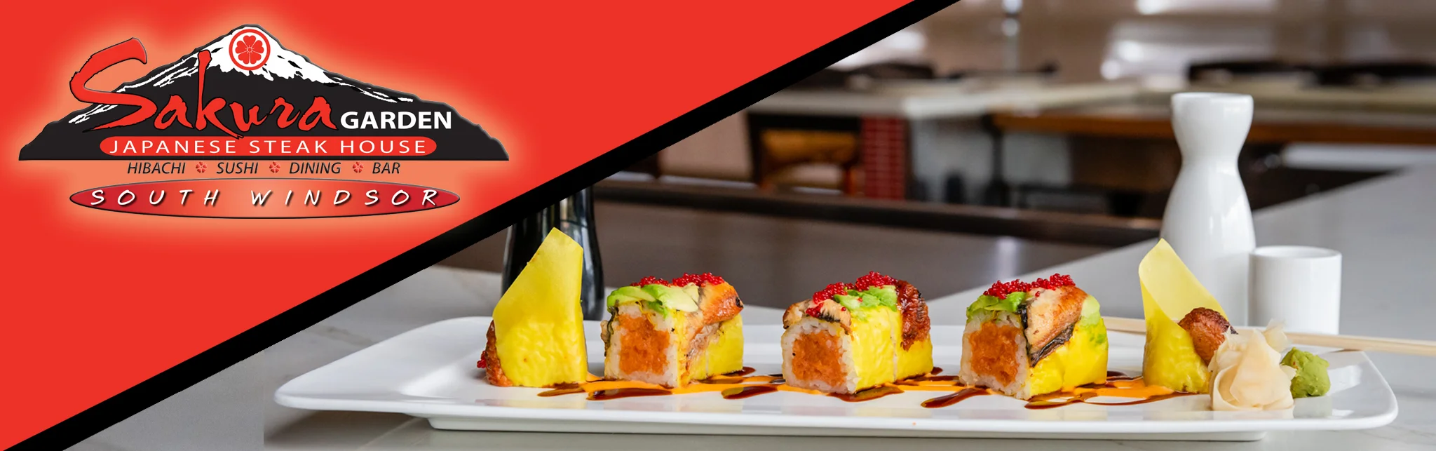 Japanese sushi platter with colorful rolls and garnishes
