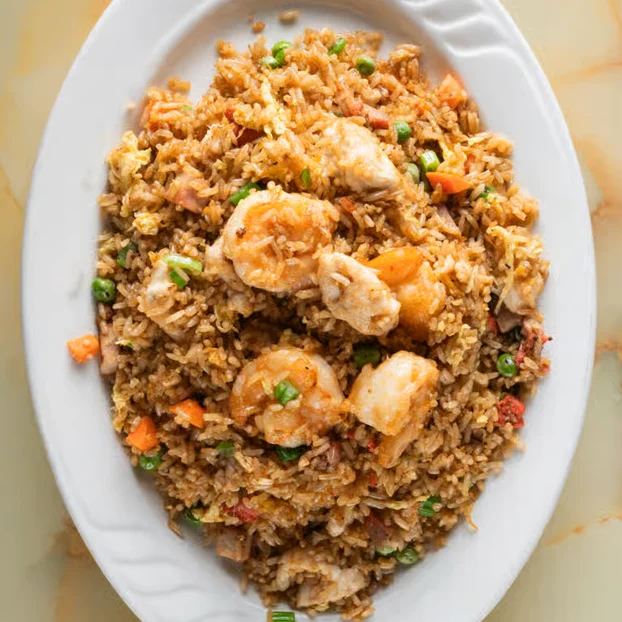 Shrimp fried rice served in a white platter