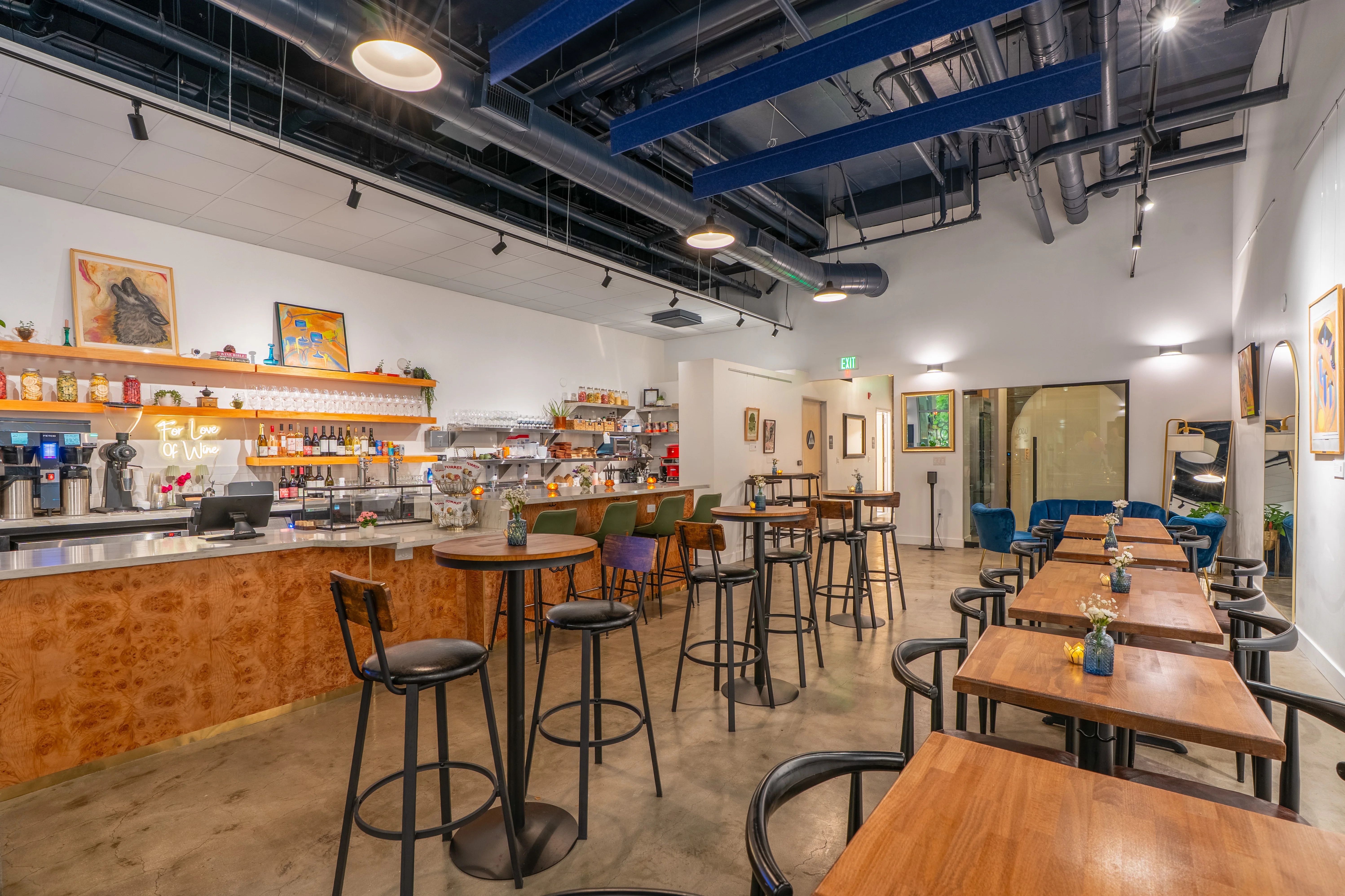 Modern restaurant interior with bar and seating