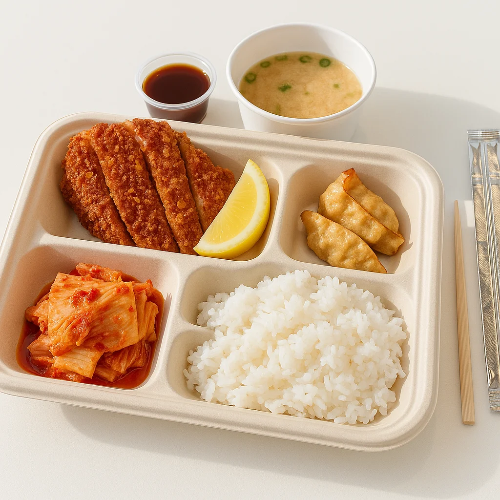 Japanese katsu curry with rice and gyoza