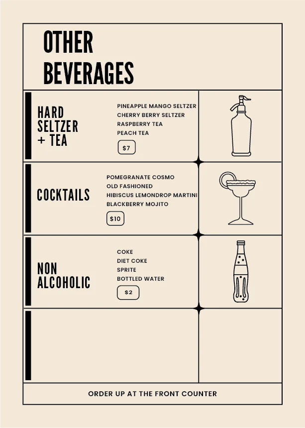 Beverage menu featuring cocktails and non-alcoholic drinks
