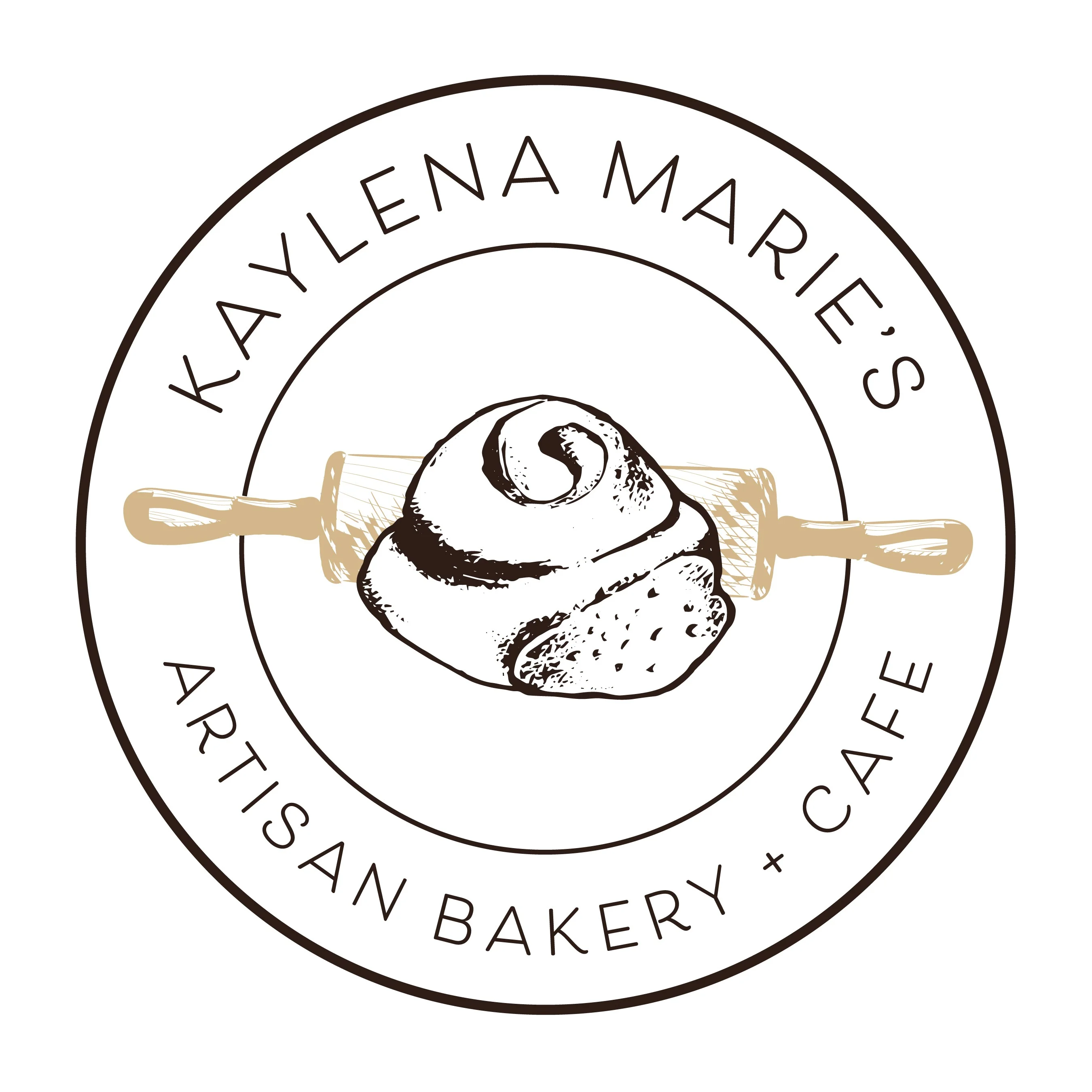 Artisan bakery logo featuring a cinnamon roll and rolling pin