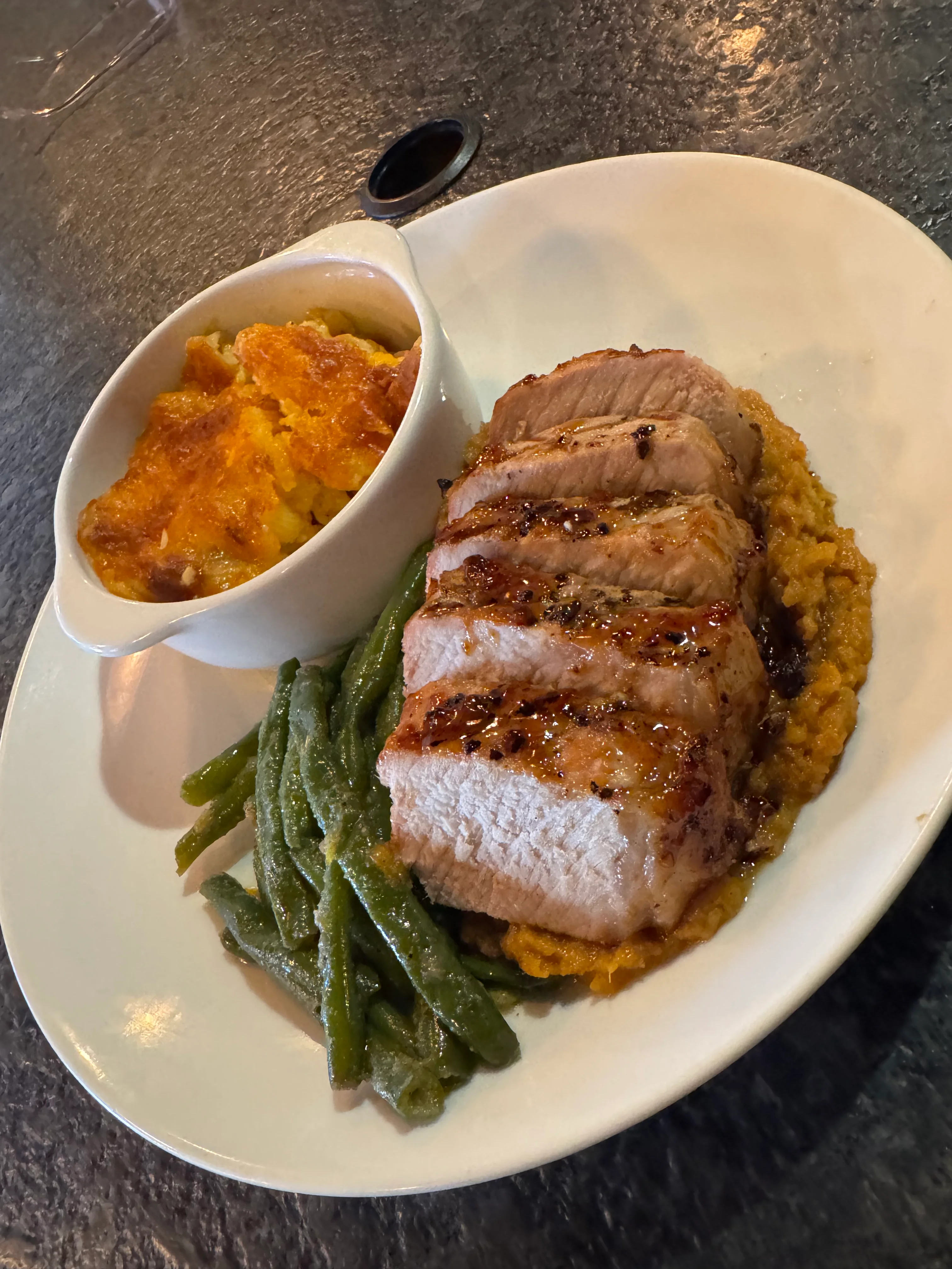 Southern-style pork loin with green beans and mac and cheese