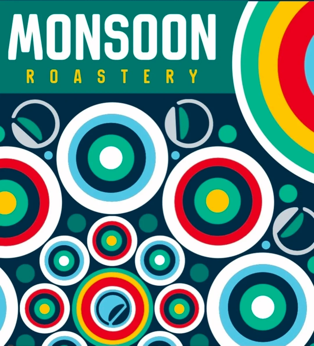 Colorful logo of Monsoon Roastery with vibrant circular patterns