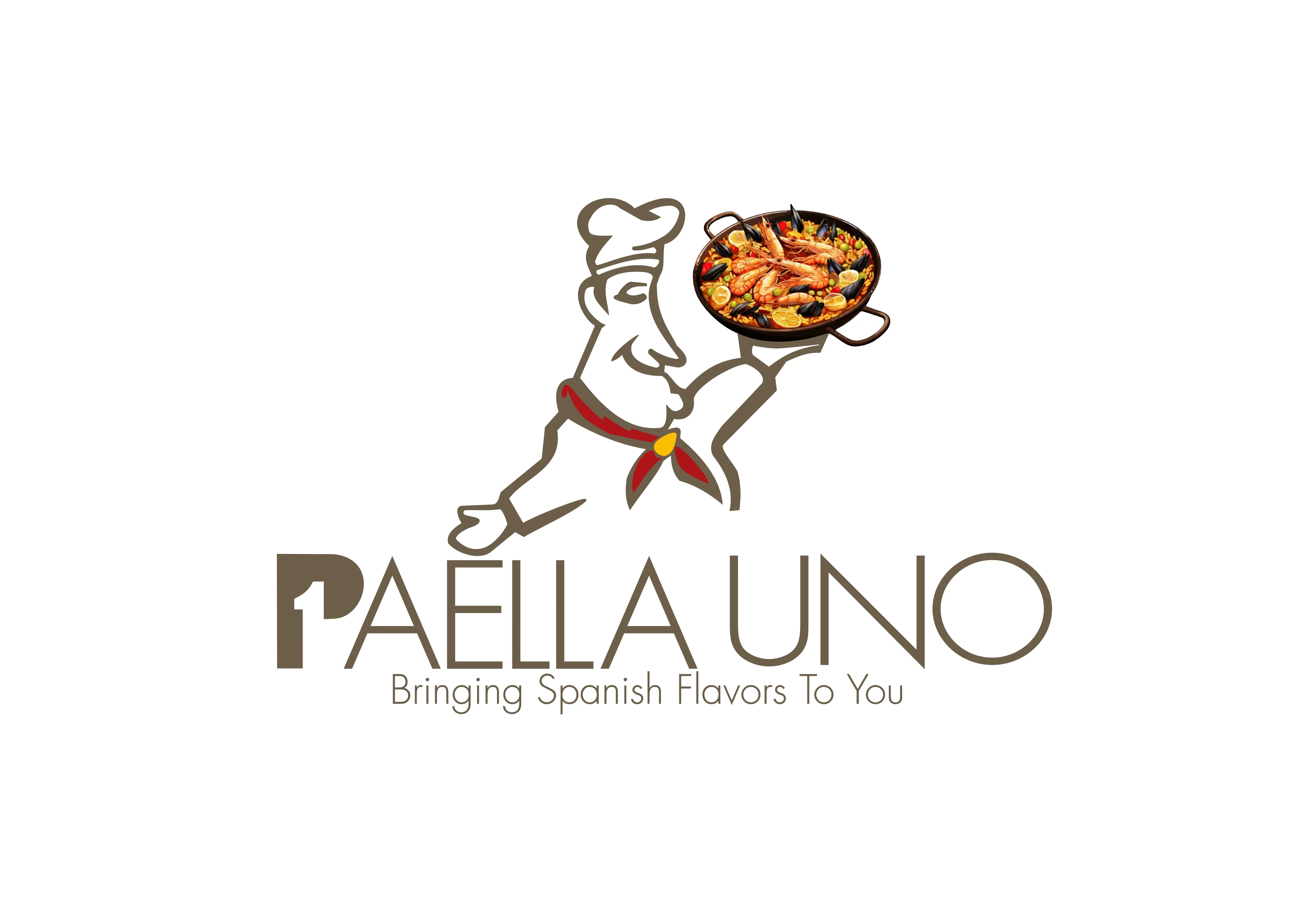 A logo featuring a cartoon chef holding a traditional paella pan filled with seafood and vegetables, accompanied by the name 'Paella Uno.'